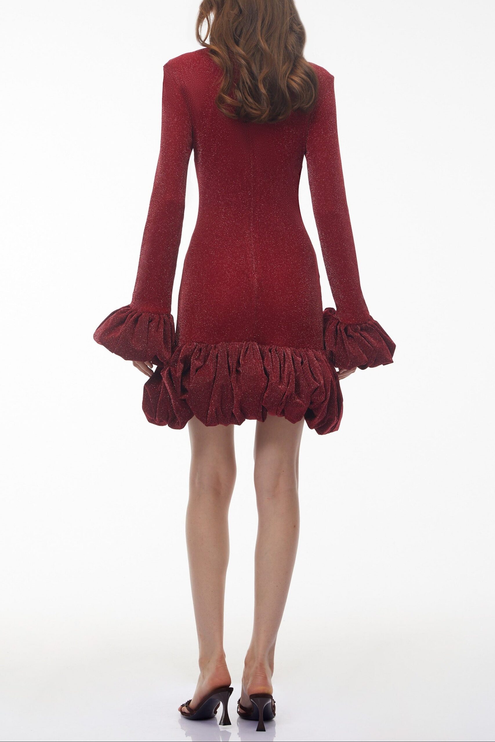 BURGUNDY TABITHA LONG SLEEVE MIDI DRESS WITH RUFFLED TRIM