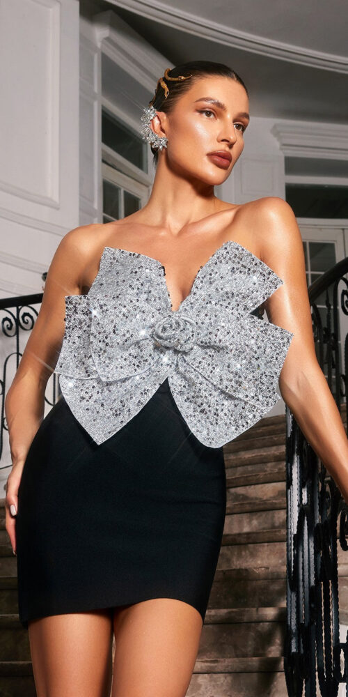 Mesa Strapless Bow Sequin Bandage Mini Dress