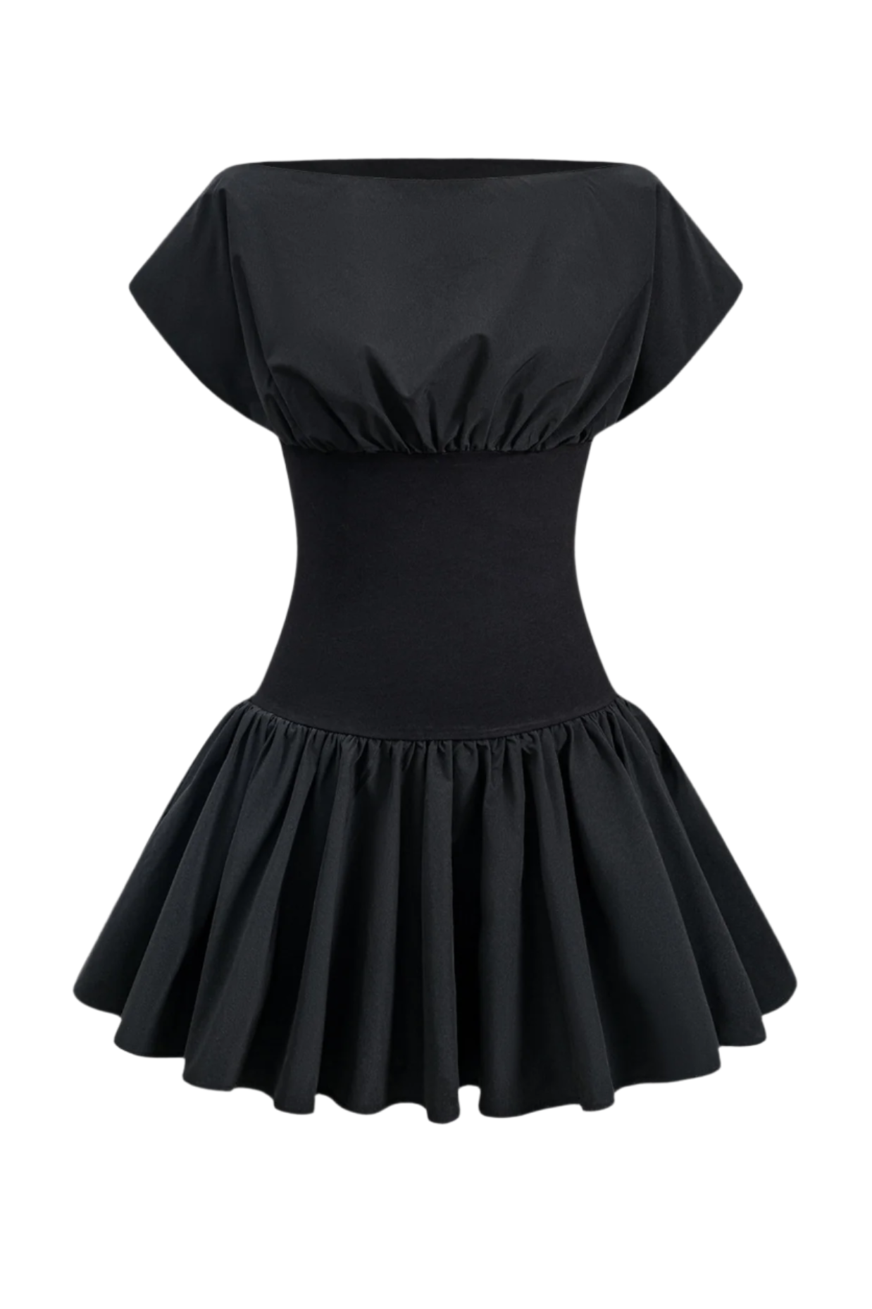 RUCHED PATCHWORK BLACK MINI DRESS