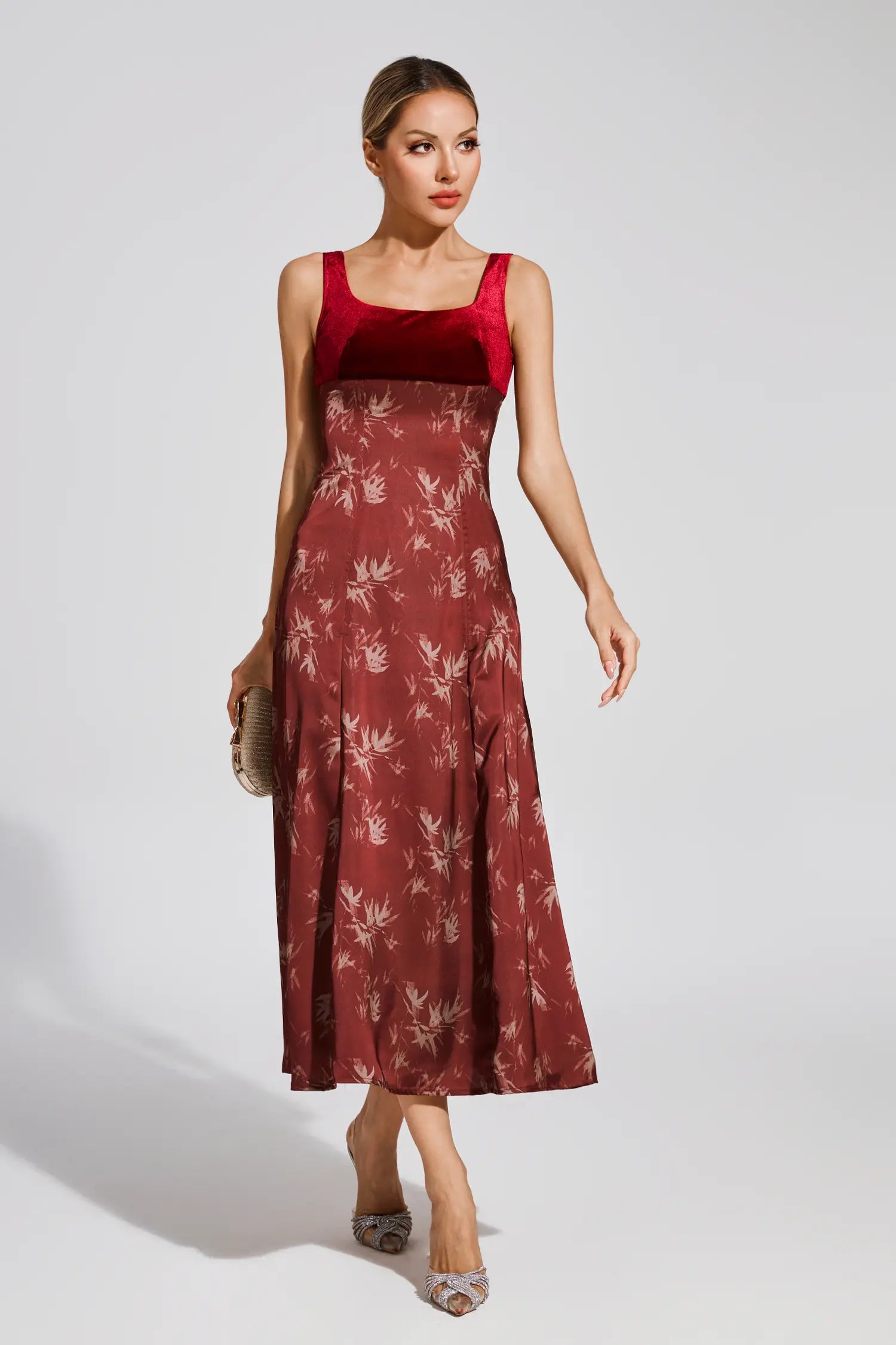 LUCY RETRO SQUARE NECK PRINT SUSPENDER MIDI DRESS BURGUNDY