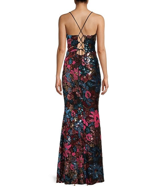 MIDNIGHT DOLL SEQUIN V-NECK LACE-UP BACK LONG DRESS