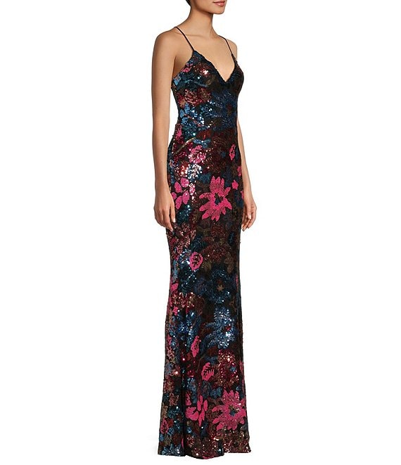 MIDNIGHT DOLL SEQUIN V-NECK LACE-UP BACK LONG DRESS