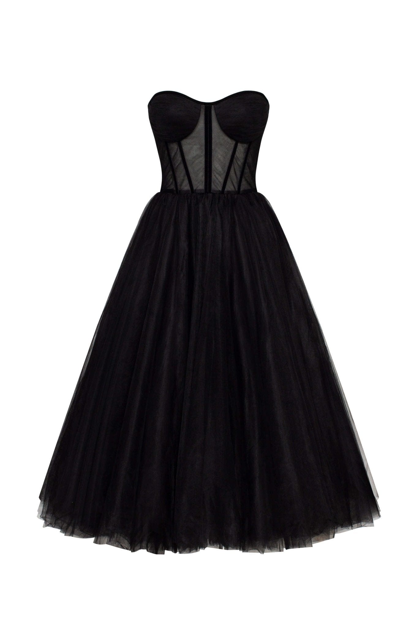 BLACK STRAPLESS PUFFY TULLE MIDI DRESS