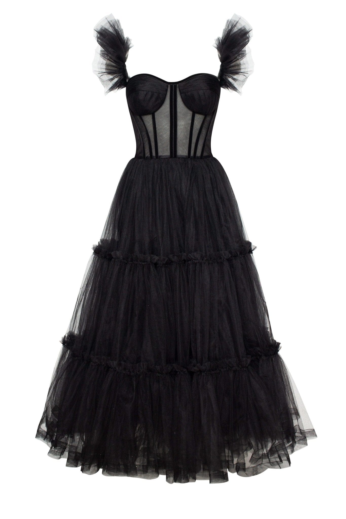 BLACK RUFFLED TULLE MIDI DRESS, COCKTAIL