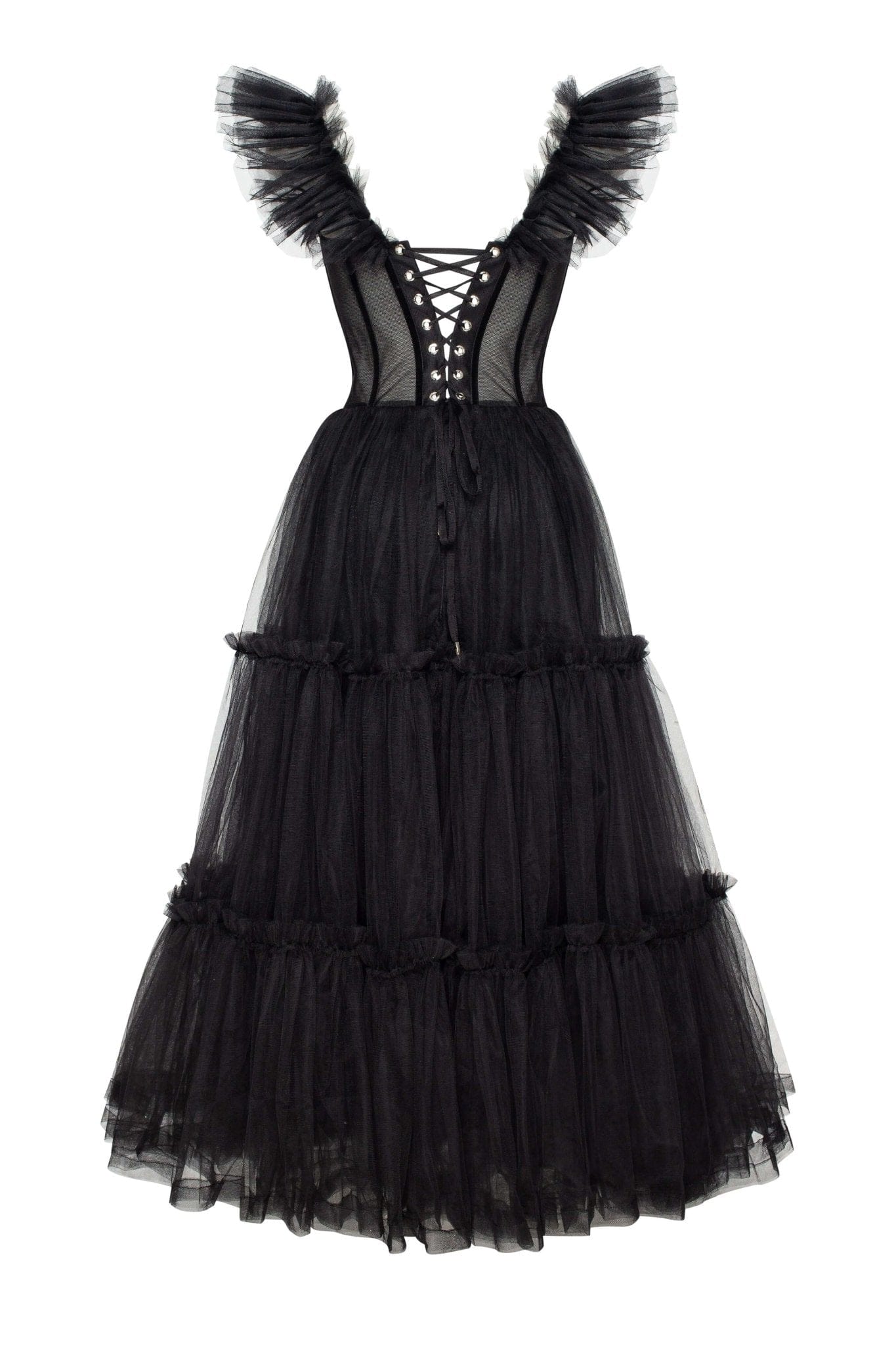 BLACK RUFFLED TULLE MIDI DRESS, COCKTAIL