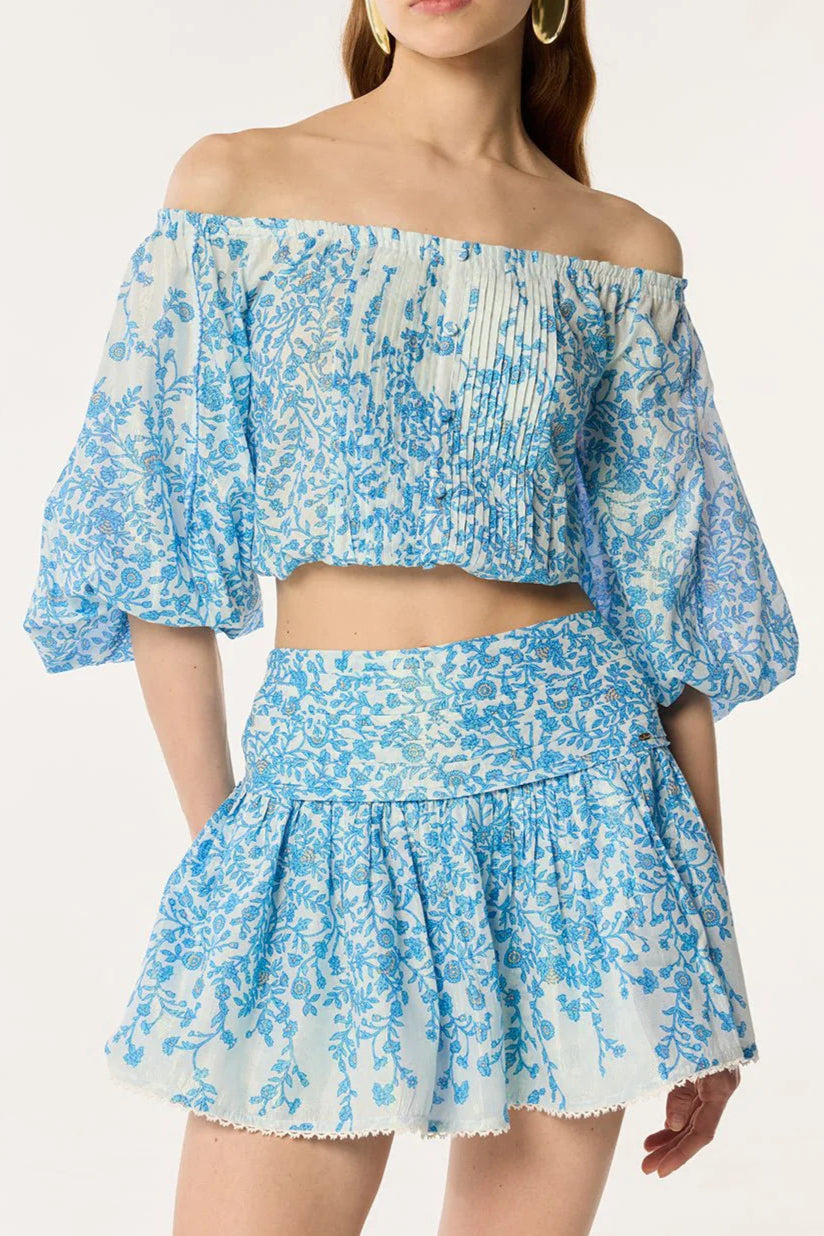 OFF-SHOULDER FLORAL MINI SKIRT SET BLUE