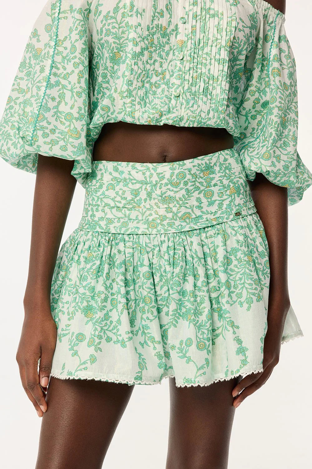 OFF-SHOULDER FLORAL MINI SKIRT SET GREEN