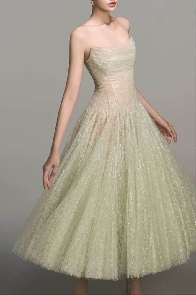 MINT DRAPED LACE MIDI DRESS FOR WEDDING