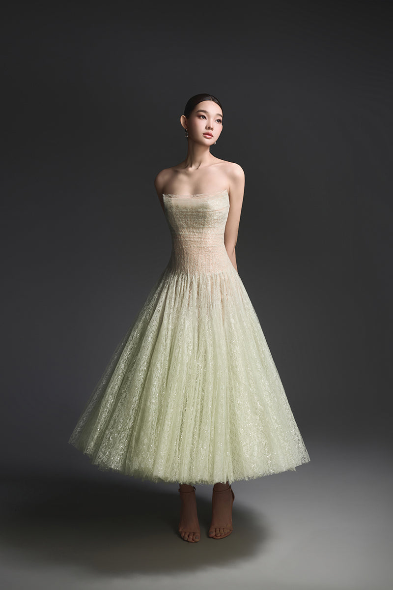 MINT DRAPED LACE MIDI DRESS FOR WEDDING