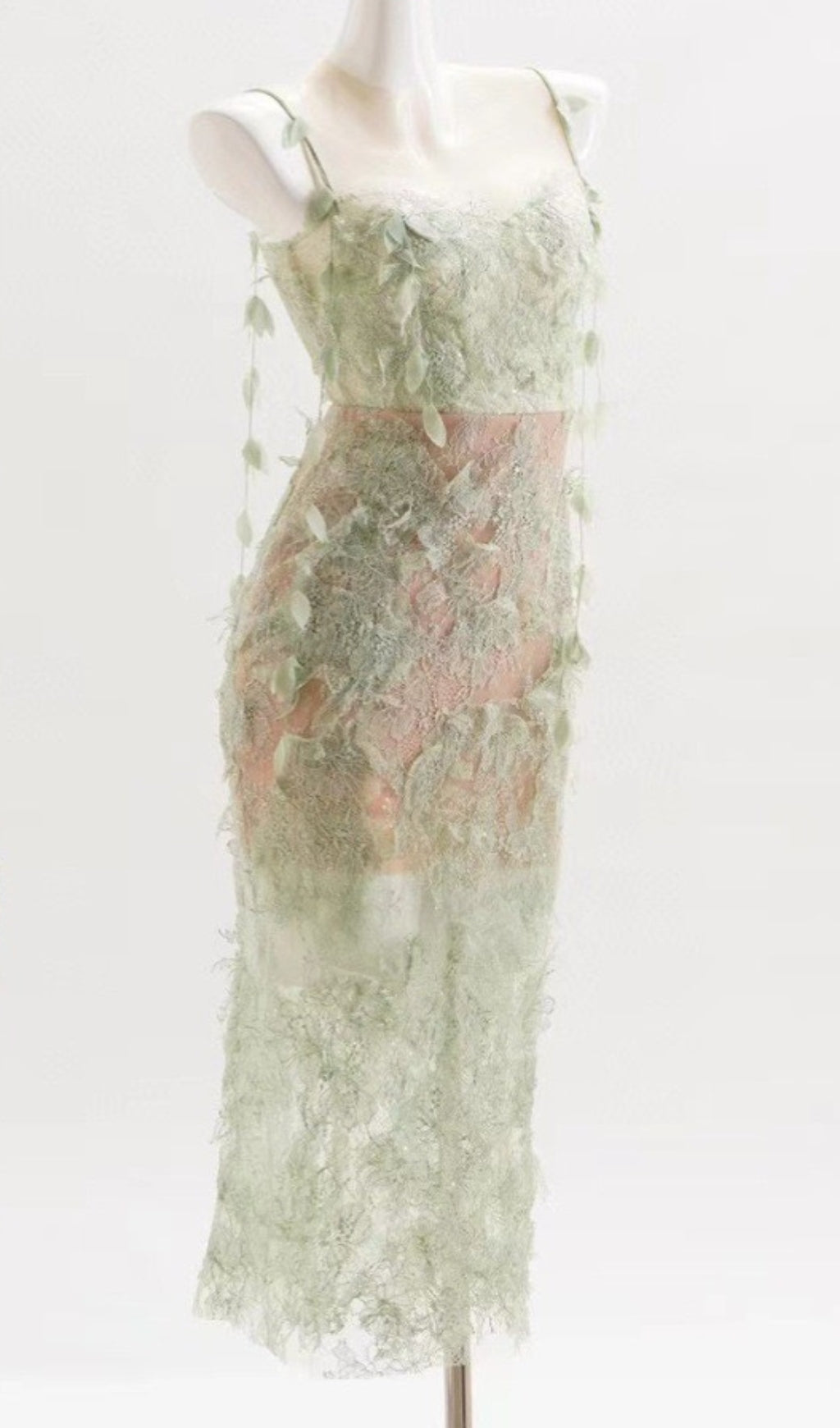 MINT BEADED LACE PENCIL COCKTAIL DRESS