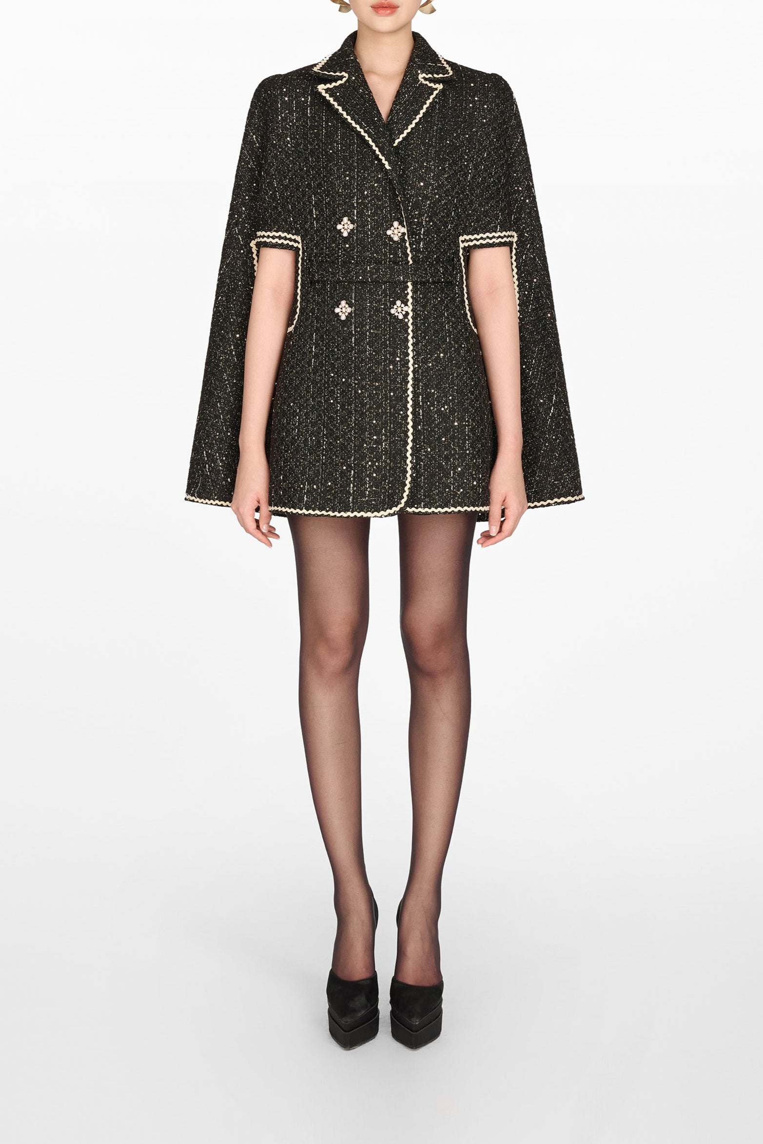 BLACK DOUBLE BREAST CAPE COAT WINTER