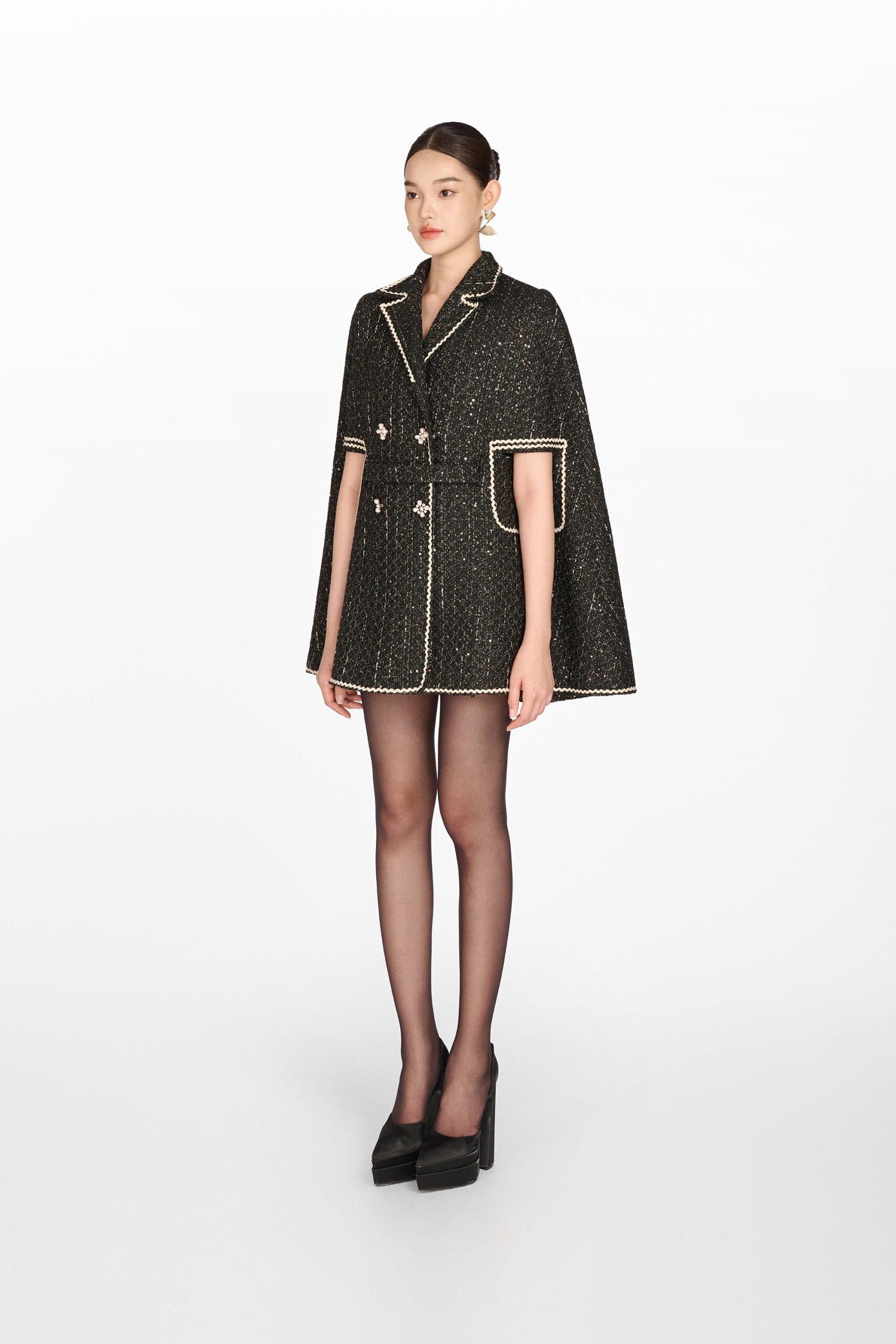 BLACK DOUBLE BREAST CAPE COAT WINTER