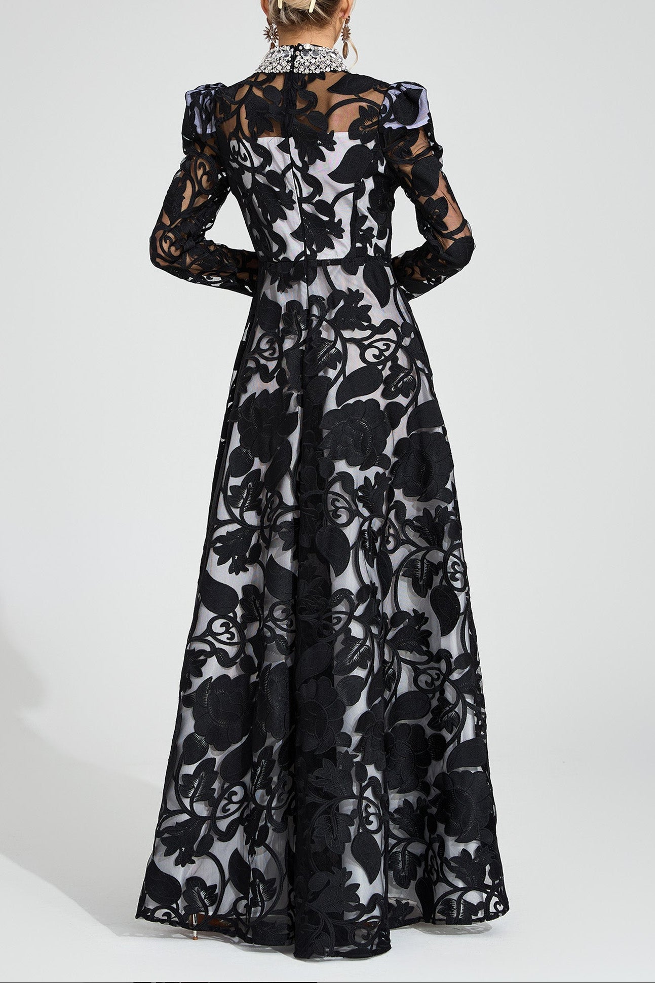 SHEILA BLACK TULLE MAXI DRESS, EMBROIDERED FORMAL GOWN