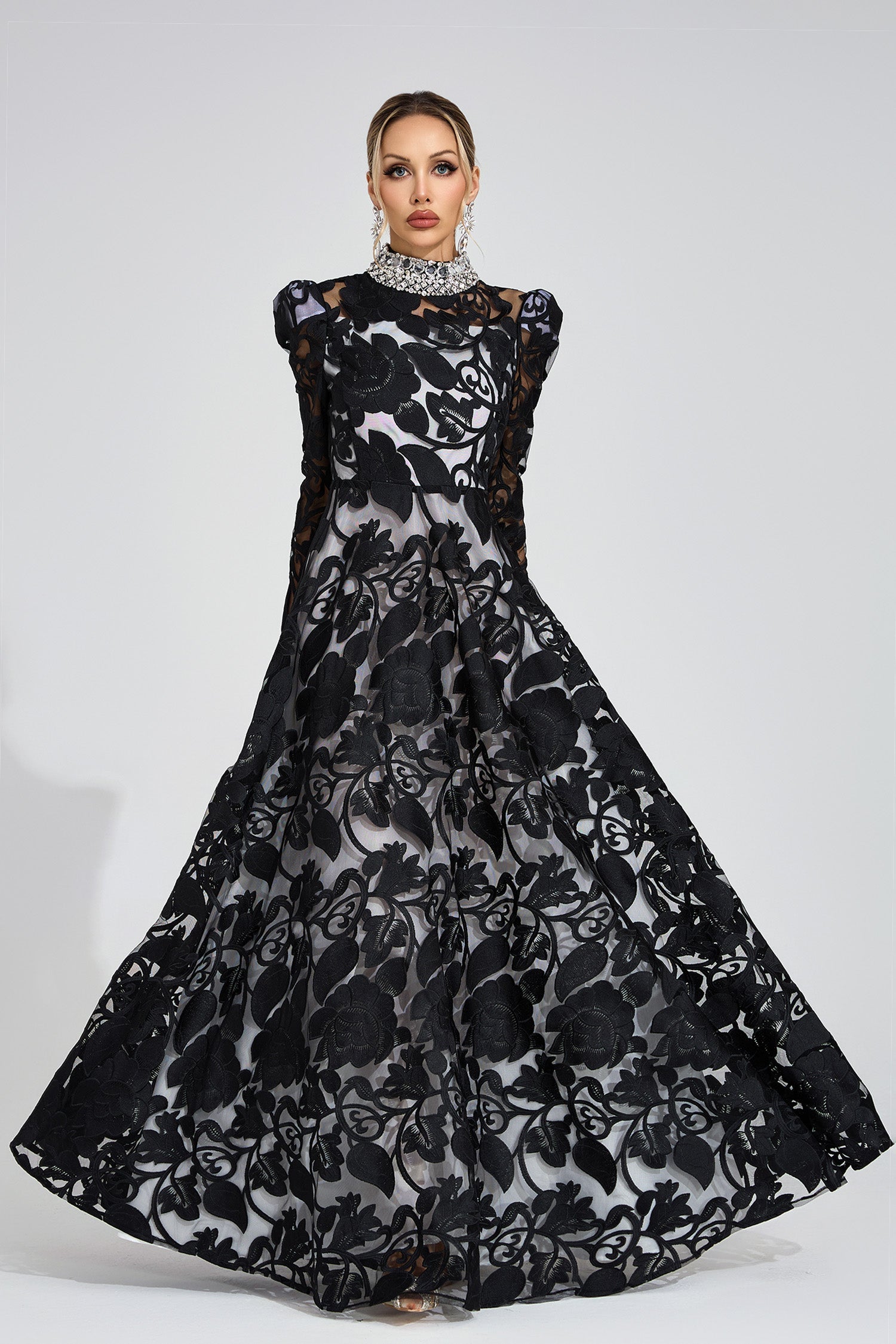SHEILA BLACK TULLE MAXI DRESS, EMBROIDERED FORMAL GOWN