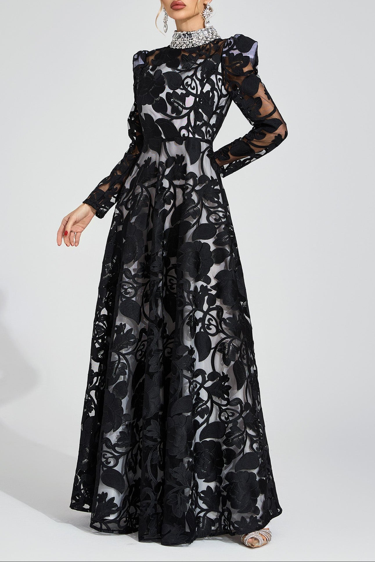 Muse-Verse-_3 SHEILA BLACK TULLE MAXI DRESS, EMBROIDERED FORMAL GOWN