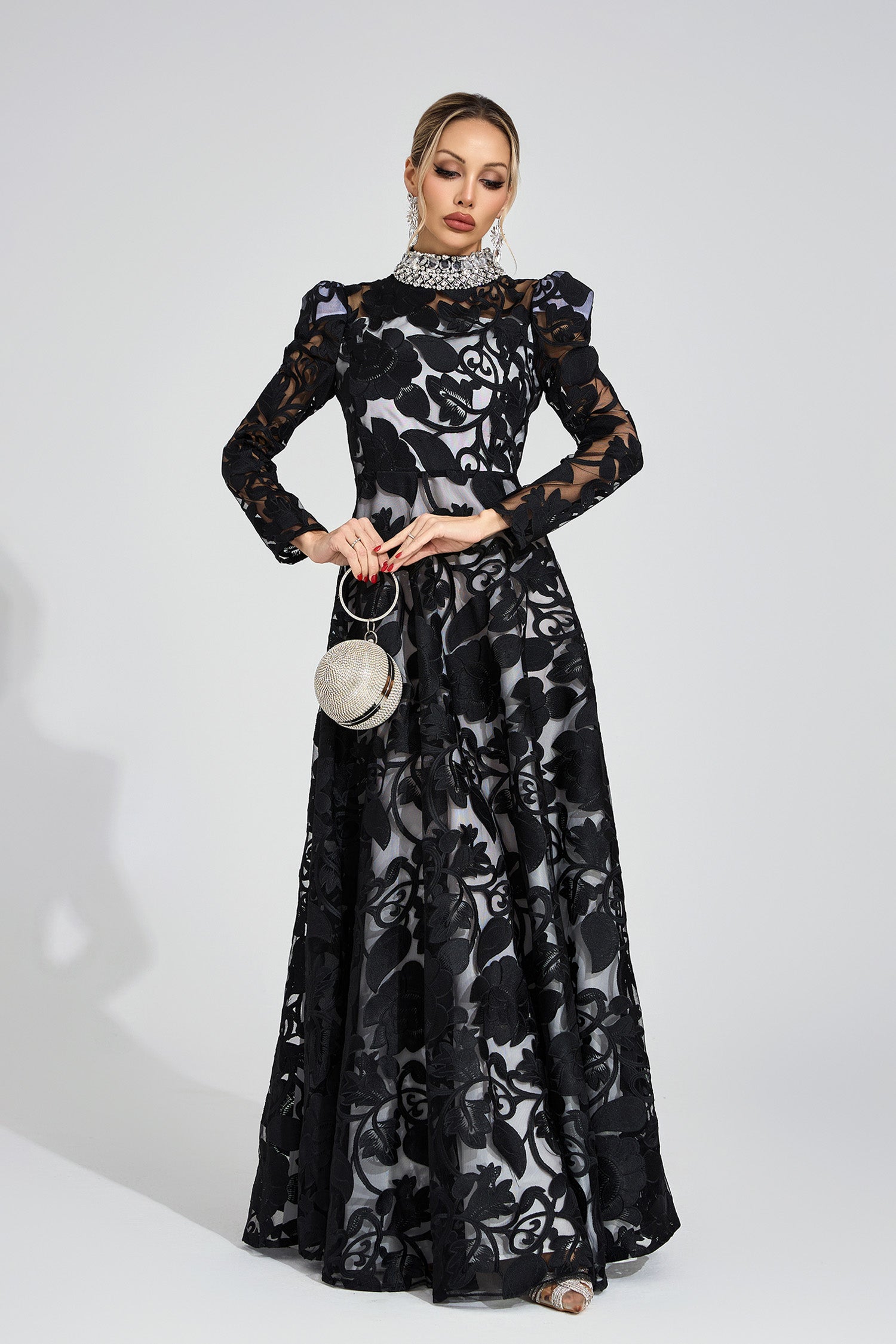 SHEILA BLACK TULLE MAXI DRESS, EMBROIDERED FORMAL GOWN