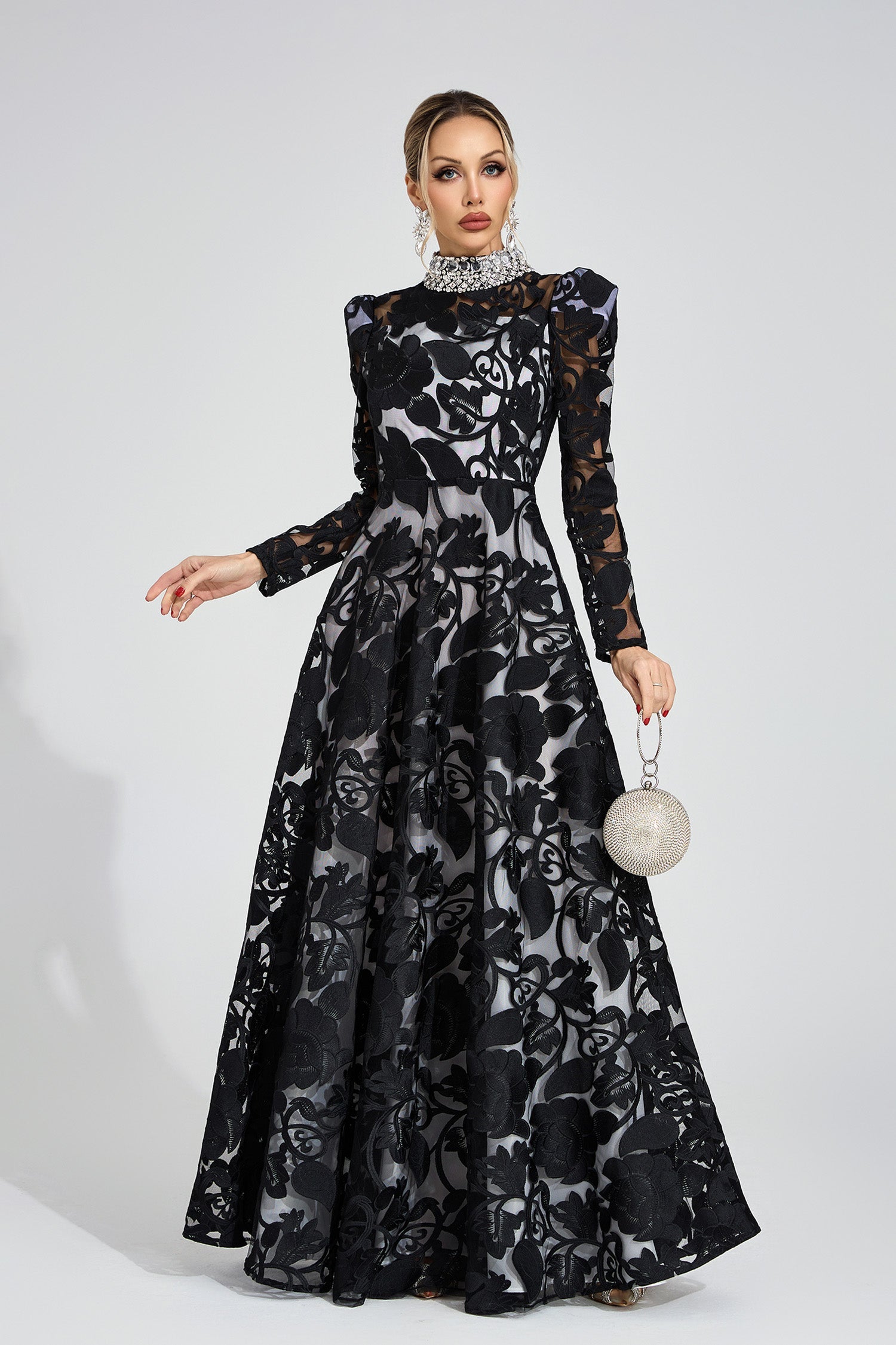 SHEILA BLACK TULLE MAXI DRESS, EMBROIDERED FORMAL GOWN