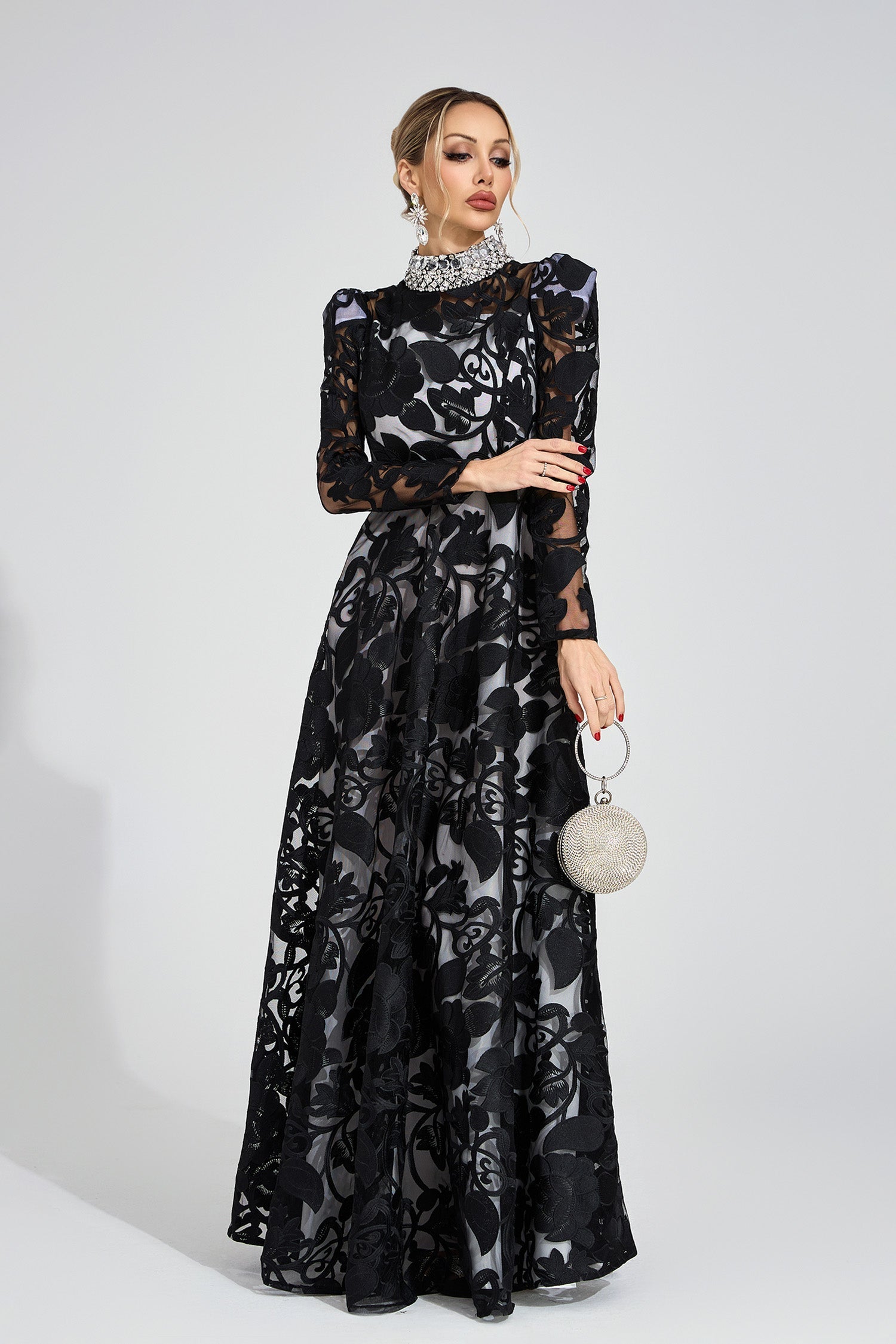 SHEILA BLACK TULLE MAXI DRESS, EMBROIDERED FORMAL GOWN
