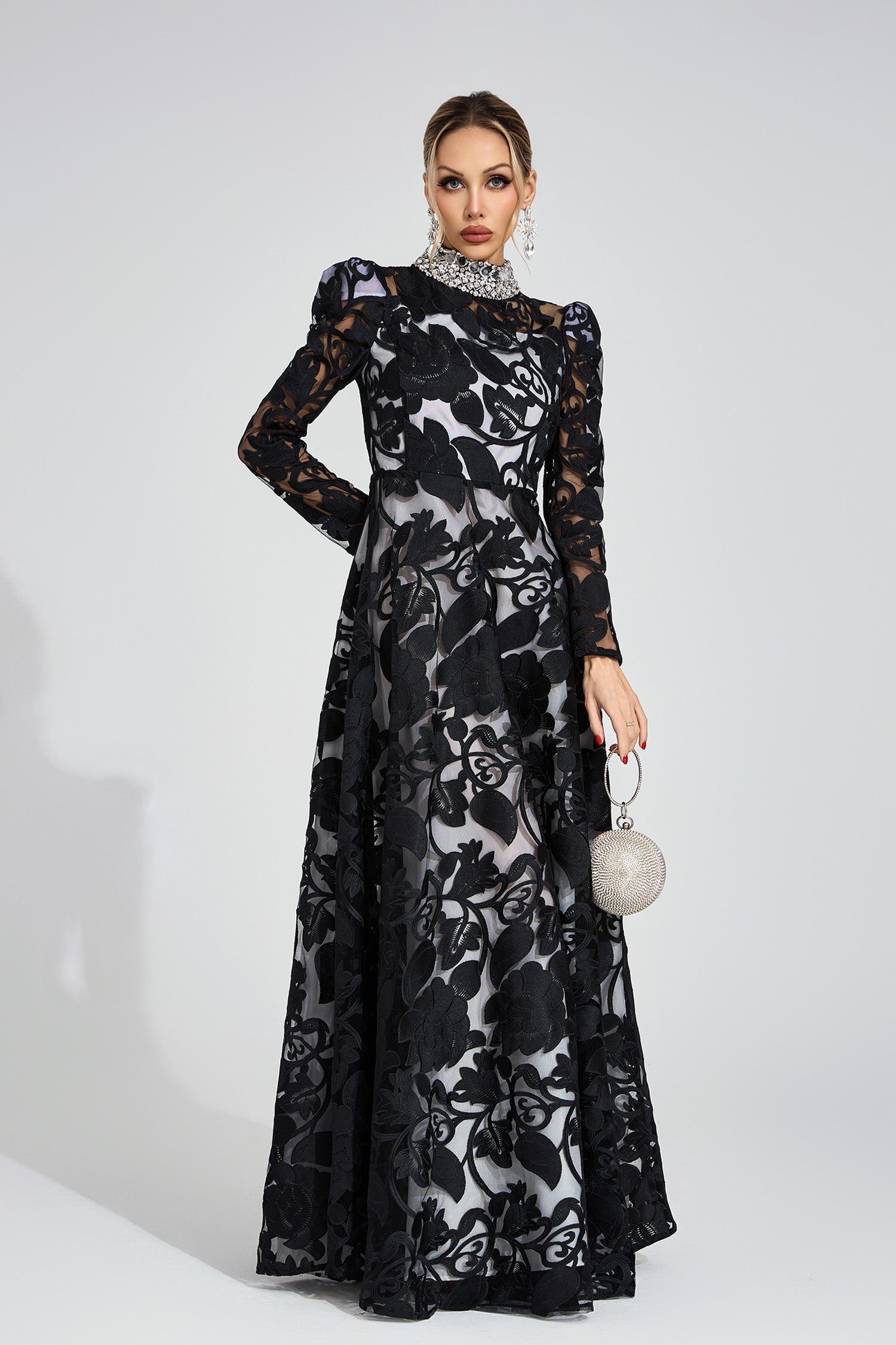 SHEILA BLACK TULLE MAXI DRESS, EMBROIDERED FORMAL GOWN