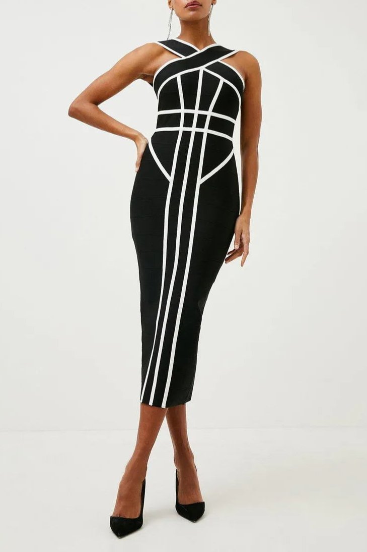 MyrnaCrossStrapColorBlockMidiSlitDress MYRNA CROSS STRAP COLOR BLOCK MIDI SLIT DRESS