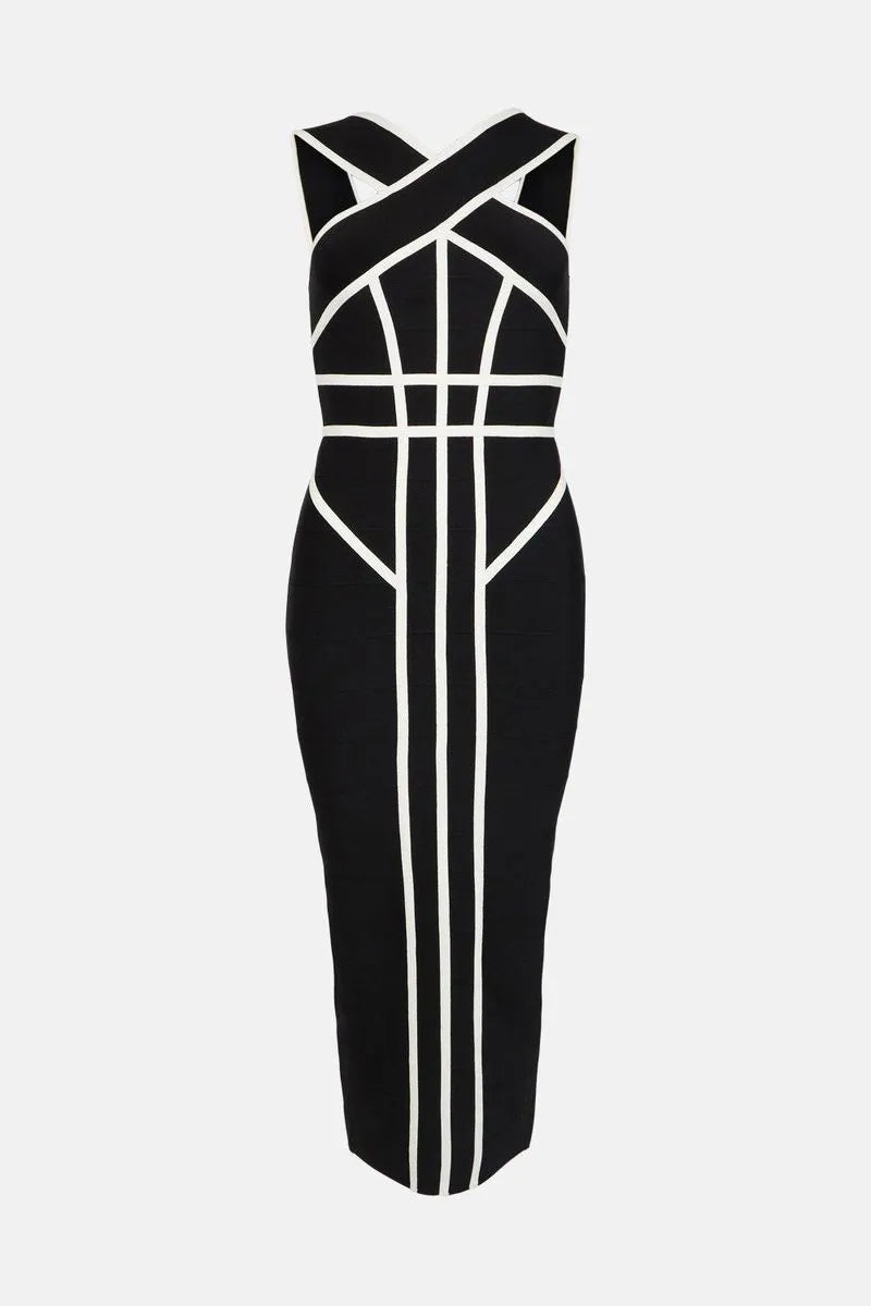 MYRNA CROSS STRAP COLOR BLOCK MIDI SLIT DRESS
