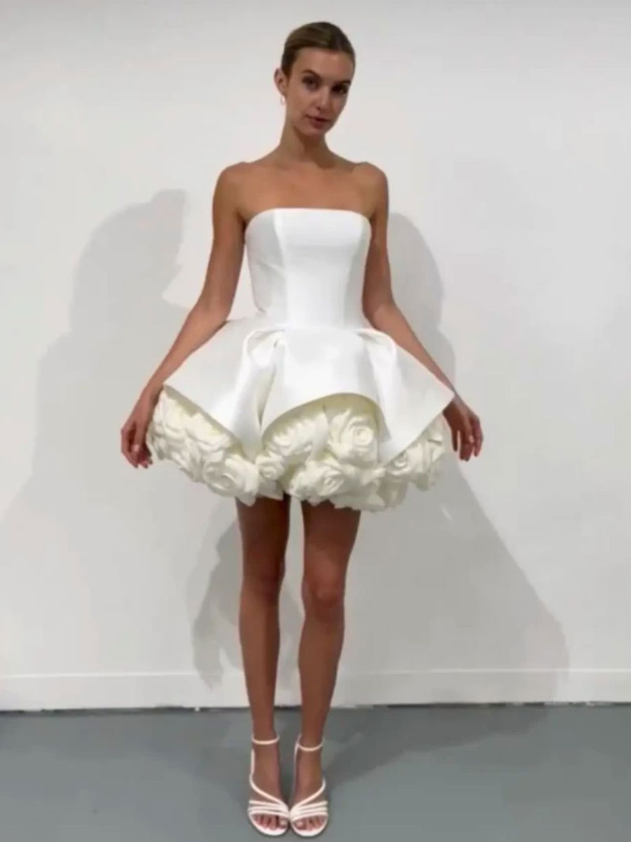 SALLY STRAPLESS WHITE FLOWER MINI DRESS FOR PARTY