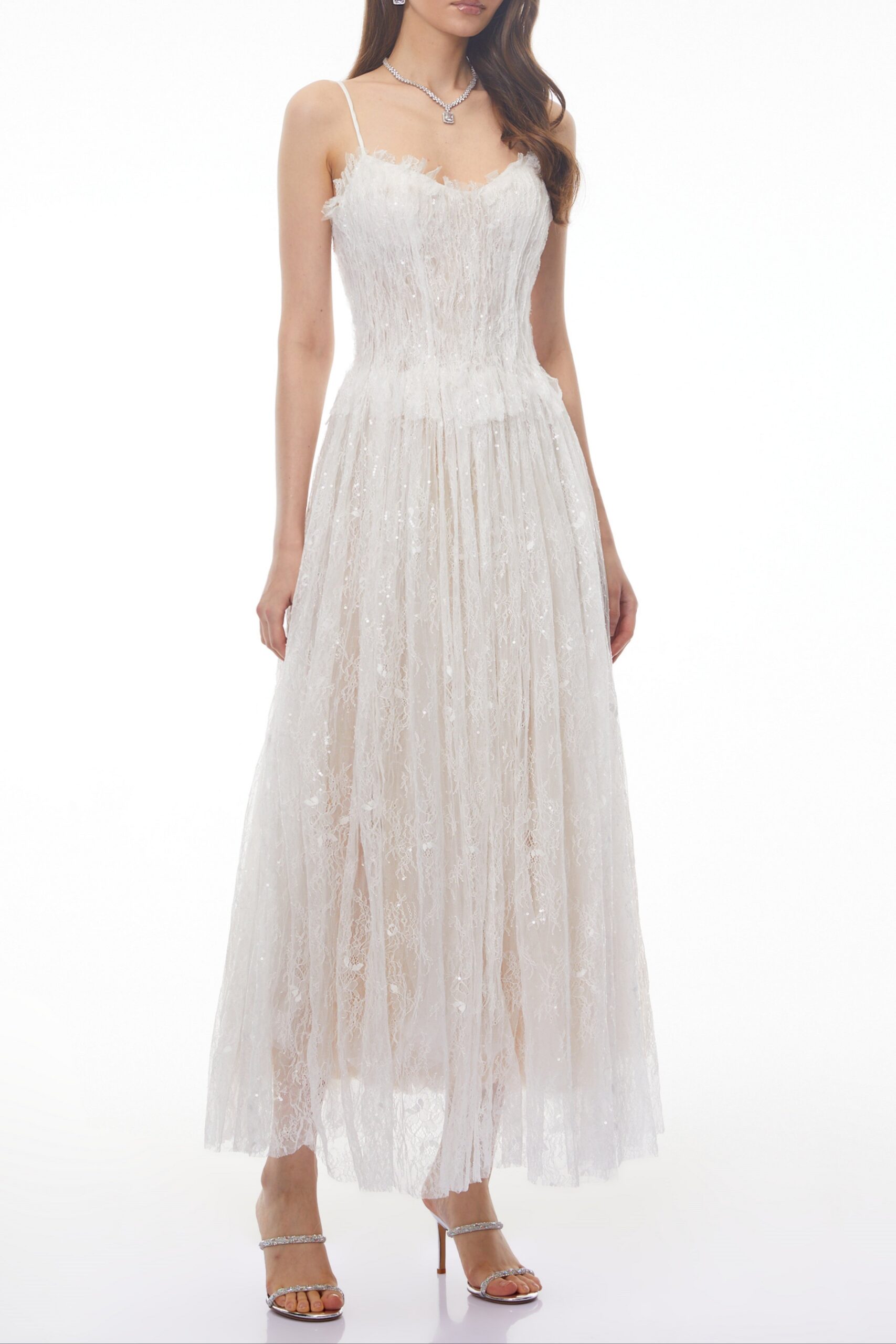 NADIR WHITE LACE PLEATED MAXI DRESS