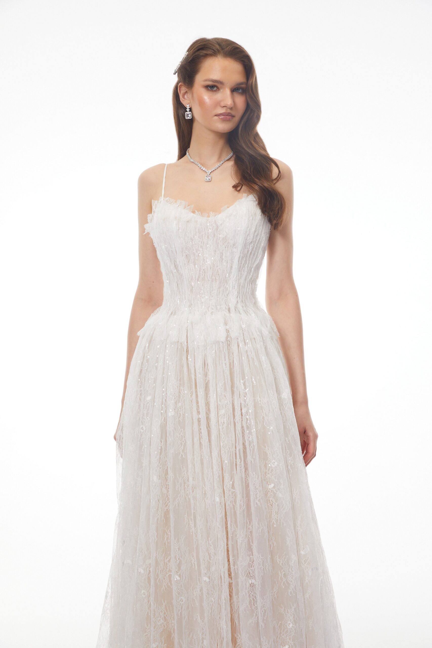NADIR WHITE LACE PLEATED MAXI DRESS