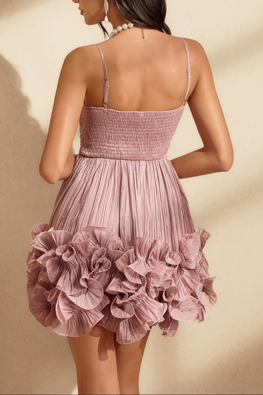 SPAGHETTI FLOWER RUFFLE MINI DRESS PINK