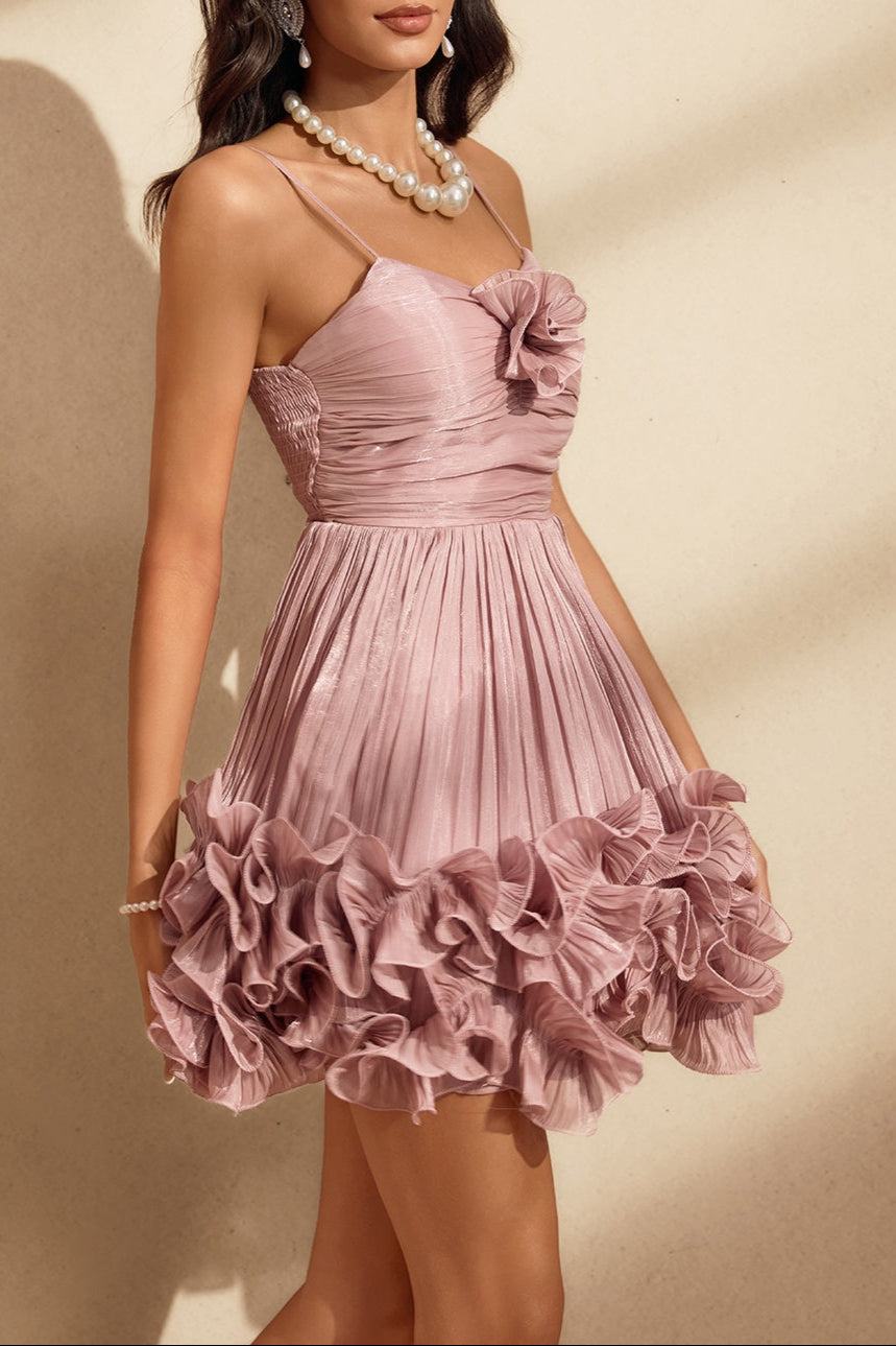 SPAGHETTI FLOWER RUFFLE MINI DRESS PINK