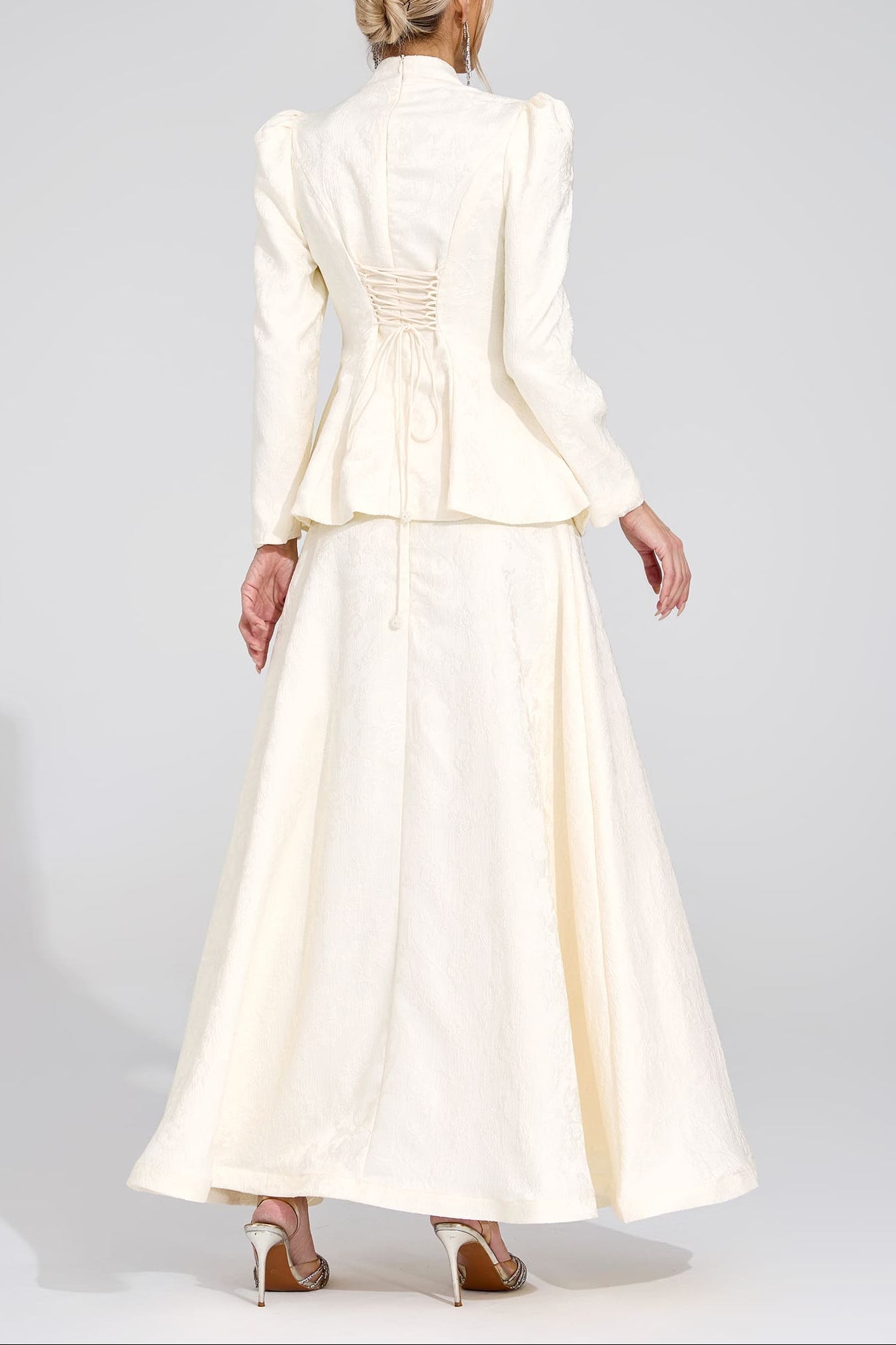 SABRINA FLORAL EMBROIDERED COAT & SKIRT SET APRICOT