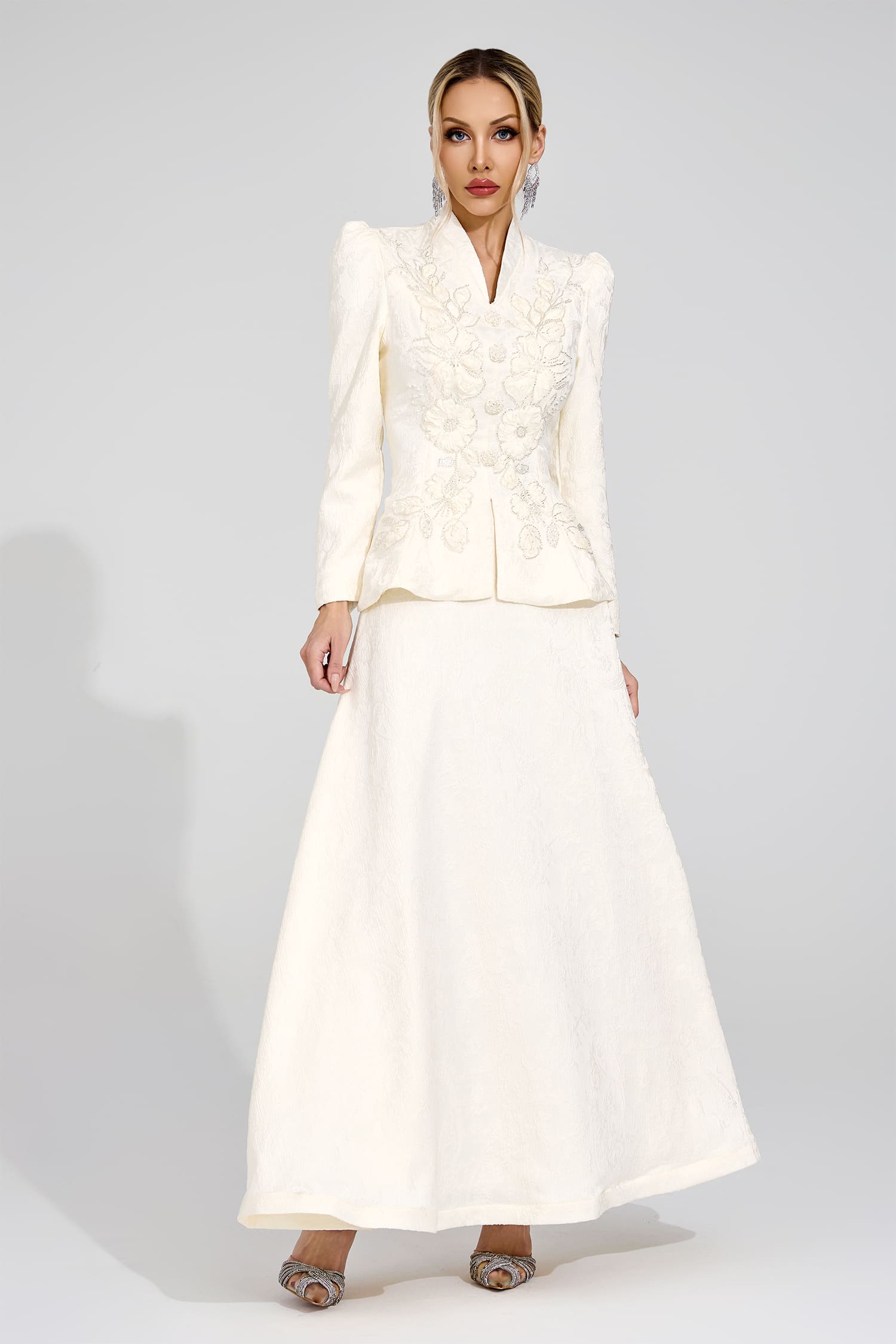 SABRINA FLORAL EMBROIDERED COAT & SKIRT SET APRICOT