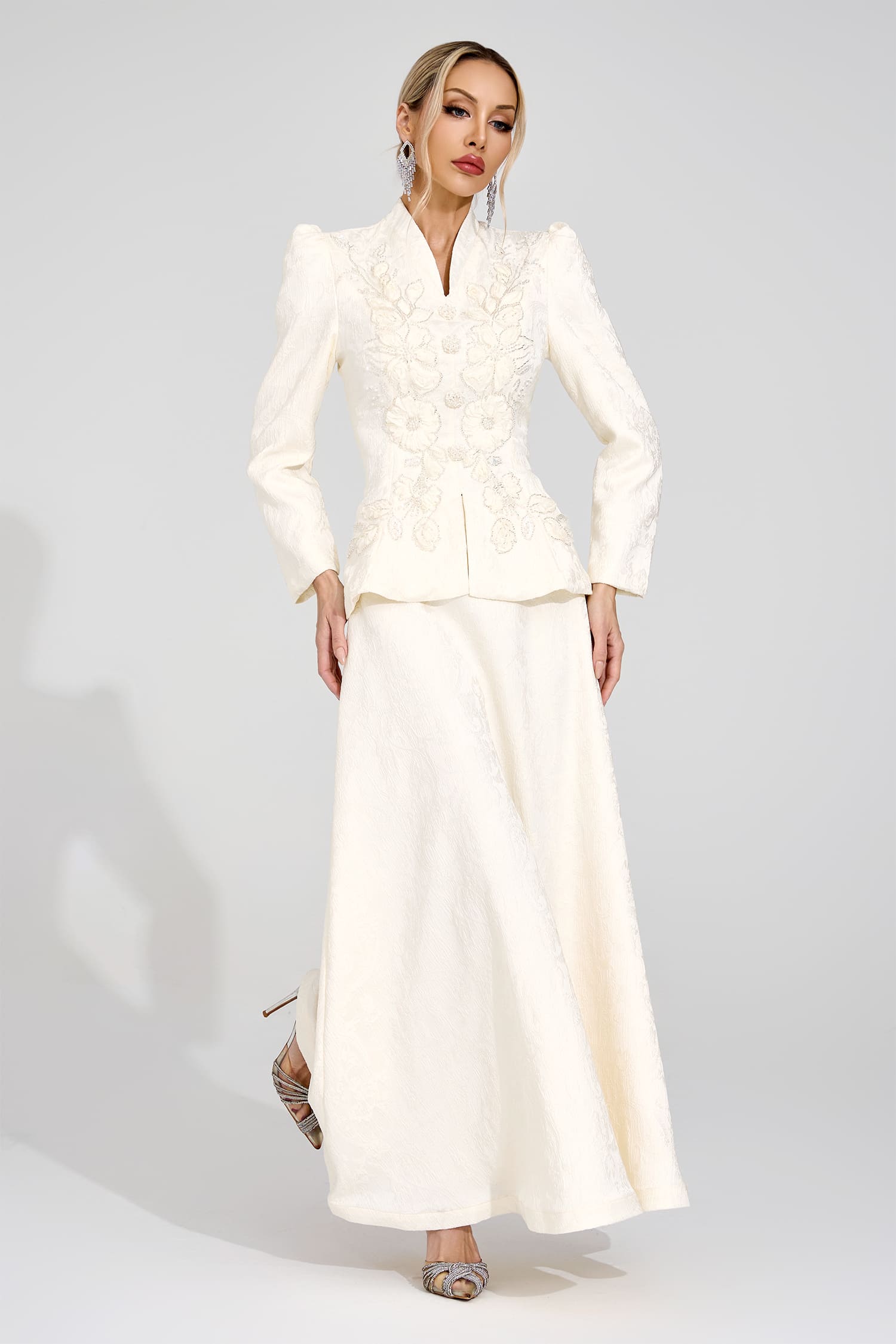 SABRINA FLORAL EMBROIDERED COAT & SKIRT SET APRICOT