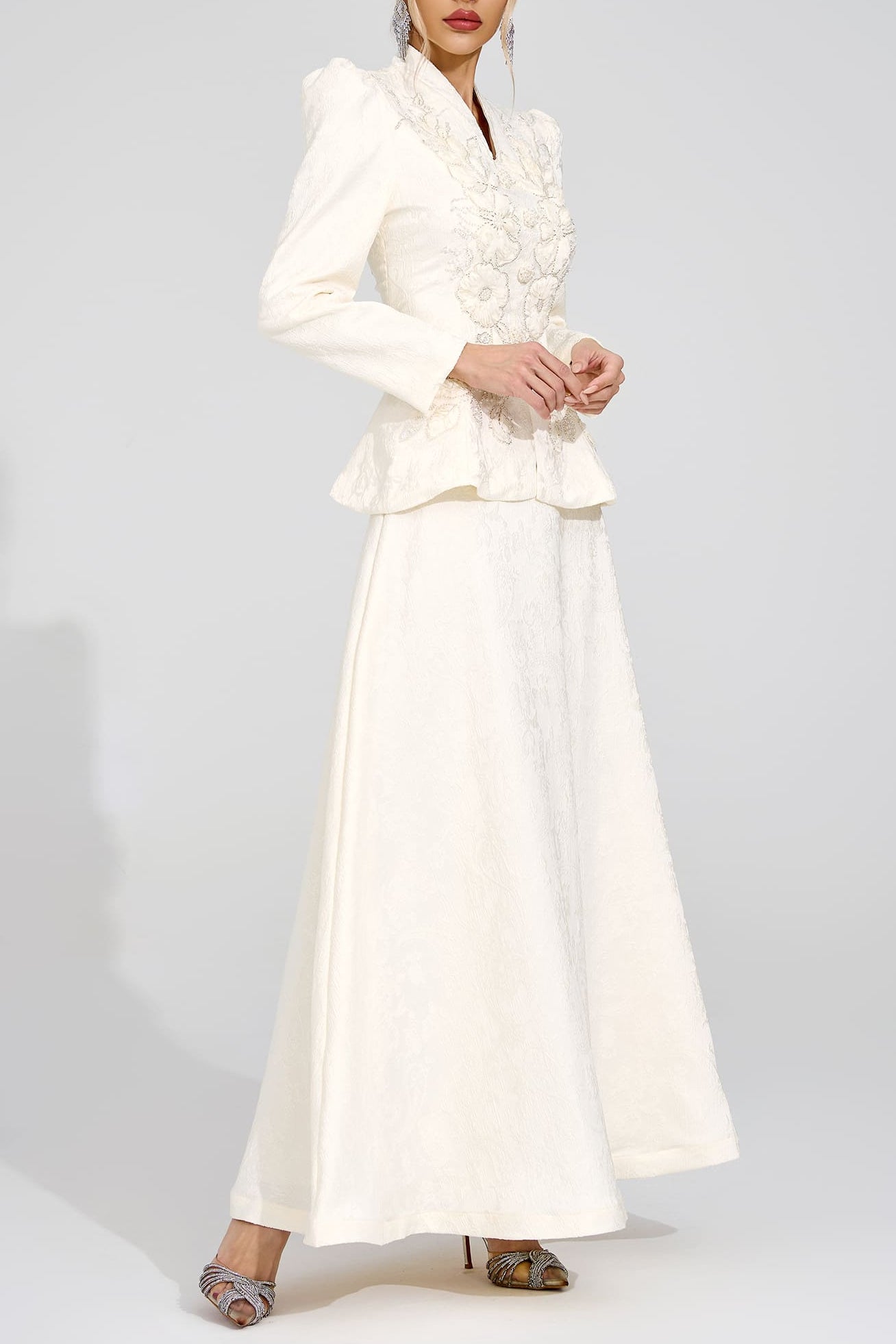 SABRINA FLORAL EMBROIDERED COAT & SKIRT SET APRICOT