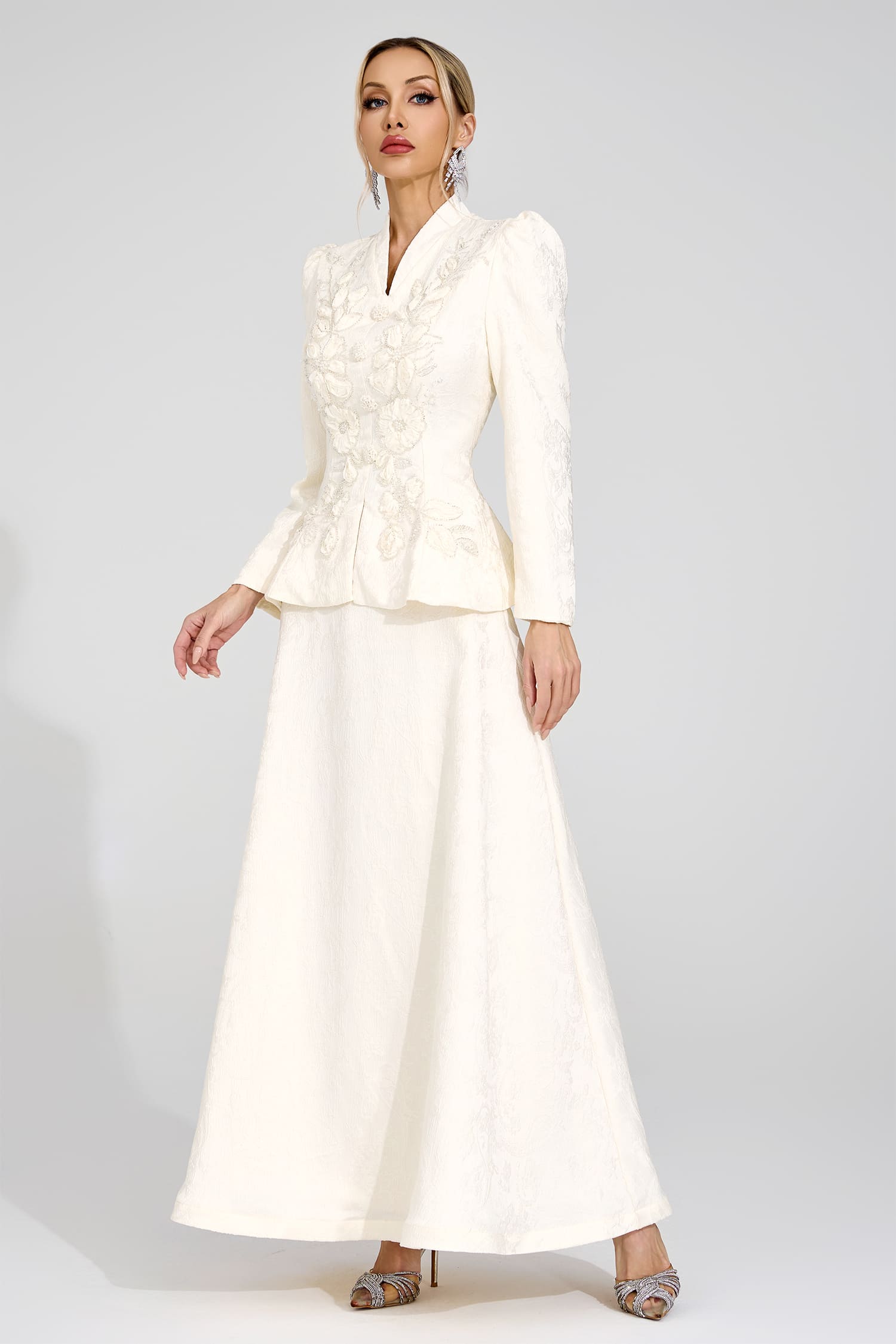 SABRINA FLORAL EMBROIDERED COAT & SKIRT SET APRICOT
