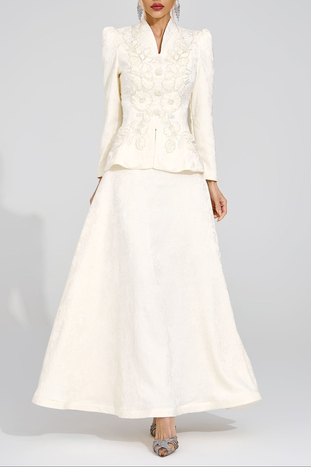 SABRINA FLORAL EMBROIDERED COAT & SKIRT SET APRICOT