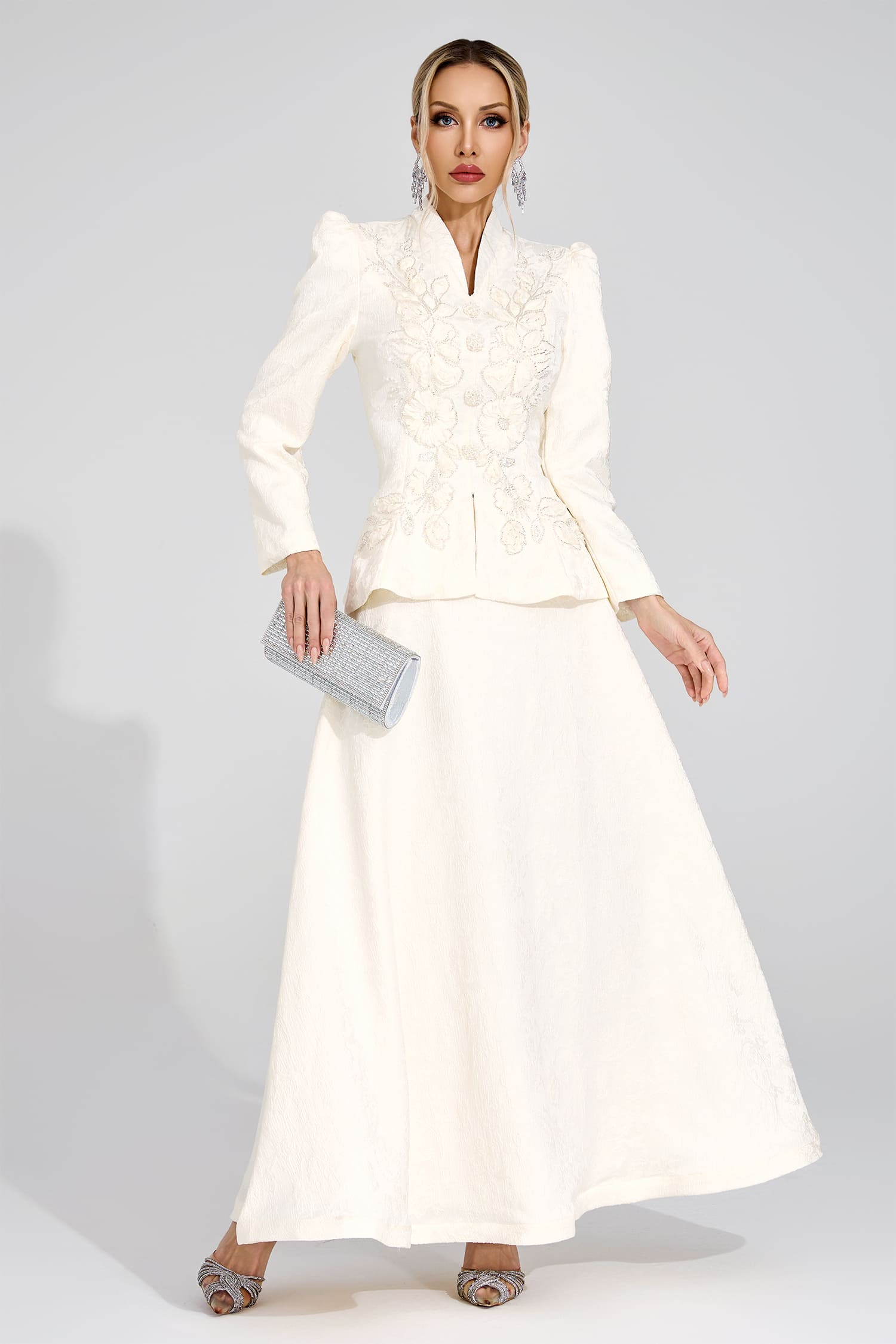 SABRINA FLORAL EMBROIDERED COAT & SKIRT SET APRICOT