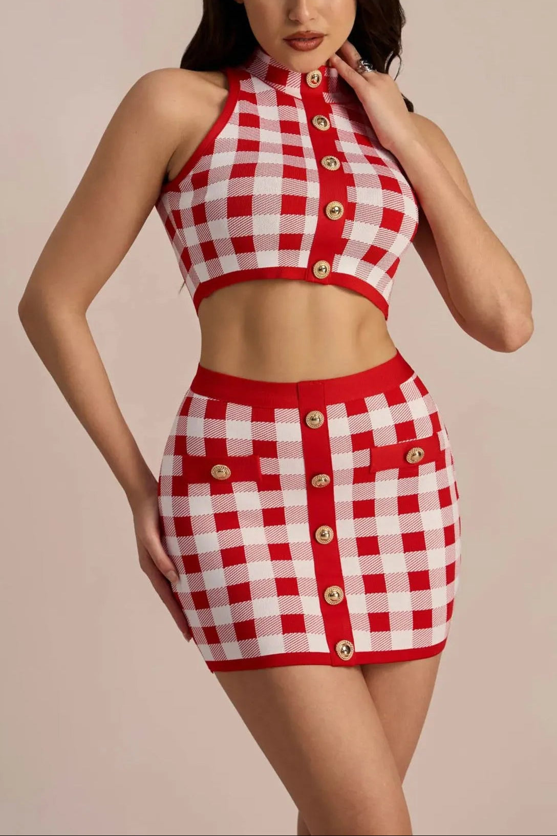 NATALIE GINGHAM BANDAGE SKIRT SET FOR PARTY