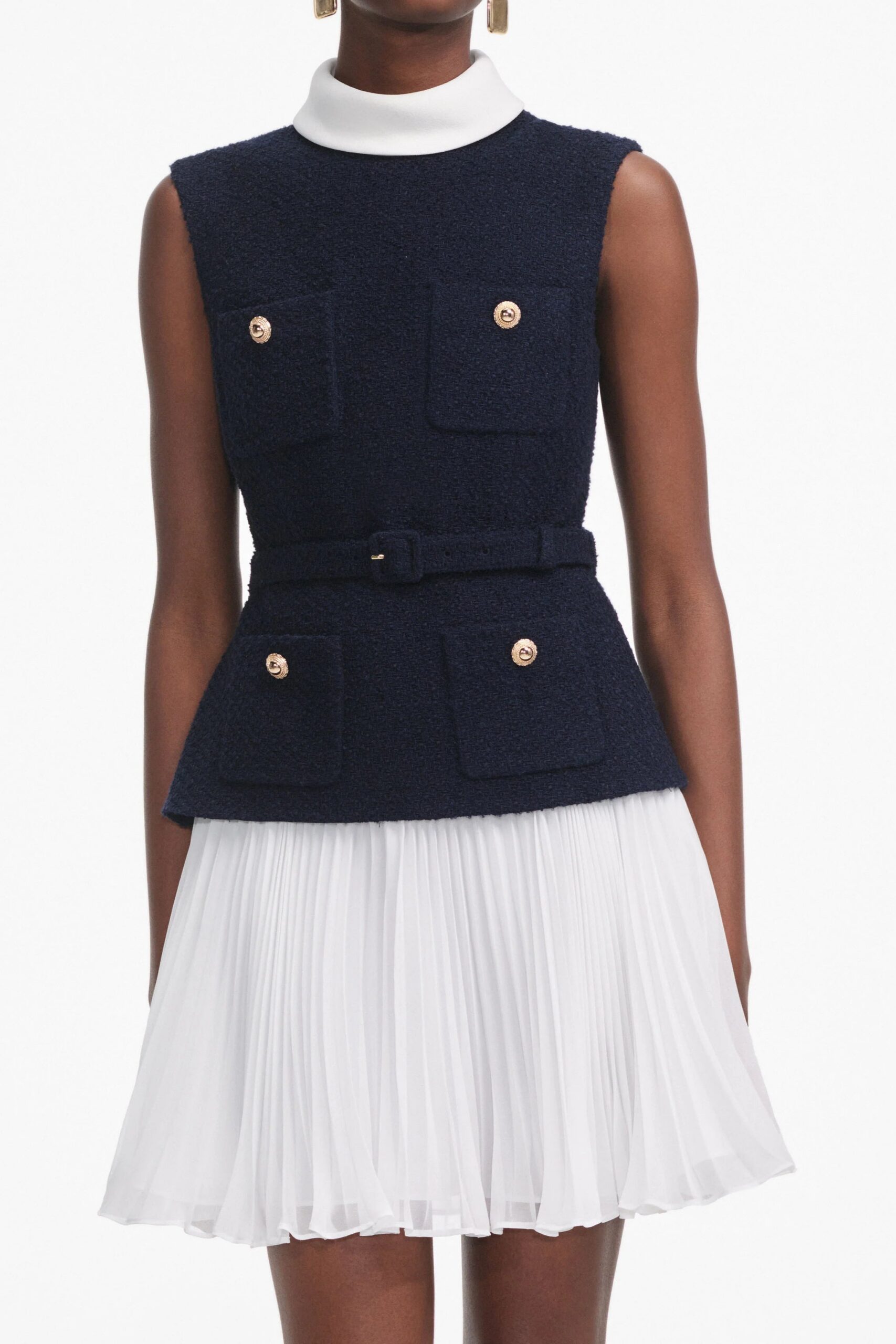 NAVY BOUCLE CHIFFON MINI DRESS FOR COCKTAIL PARTY