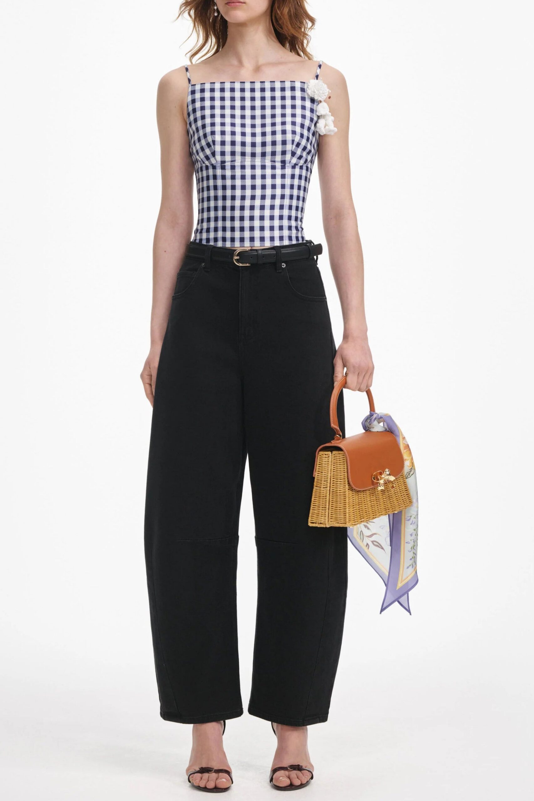 NAVY GINGHAM TAFFETA TOP FOR PARTY