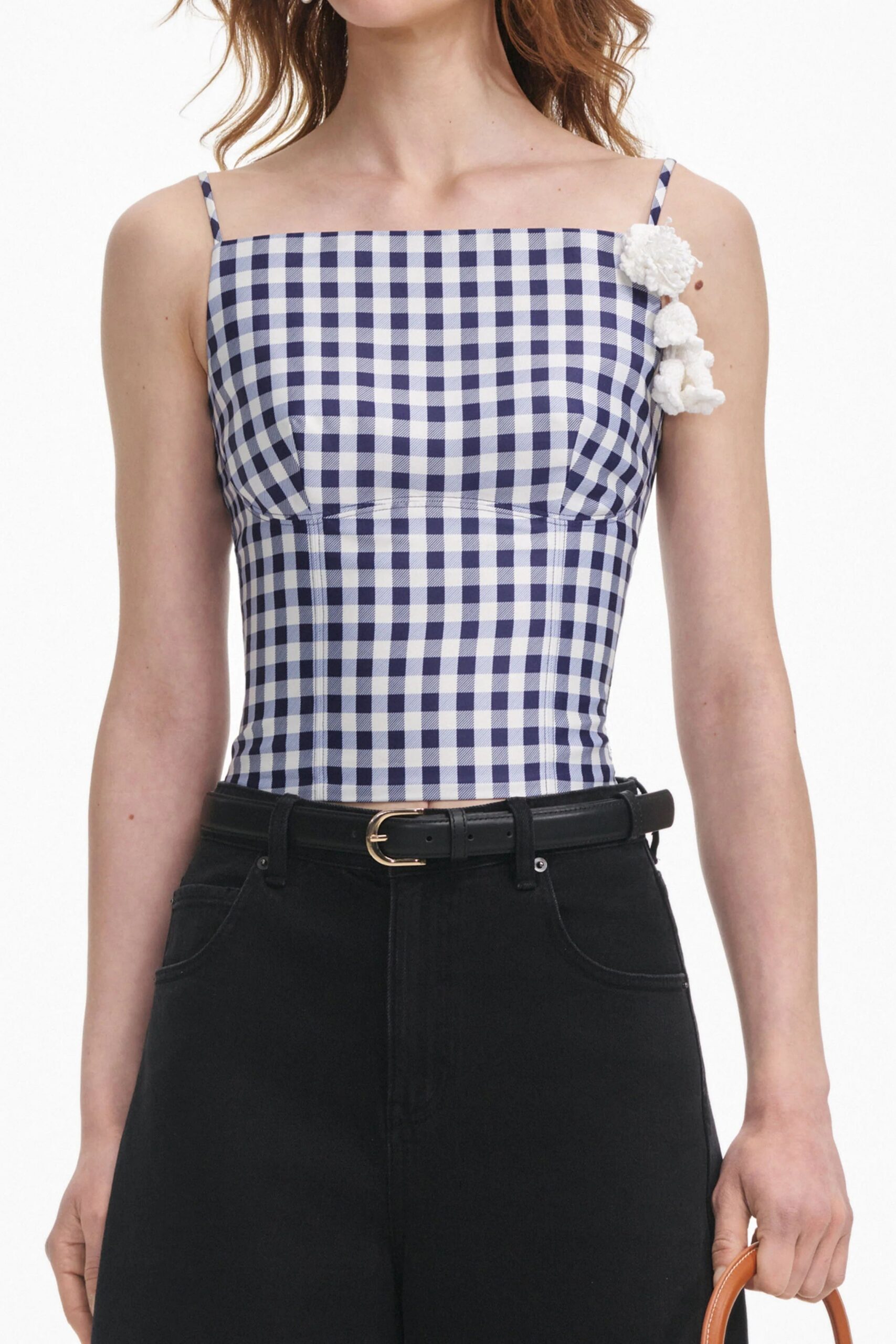 NAVY GINGHAM TAFFETA TOP FOR PARTY