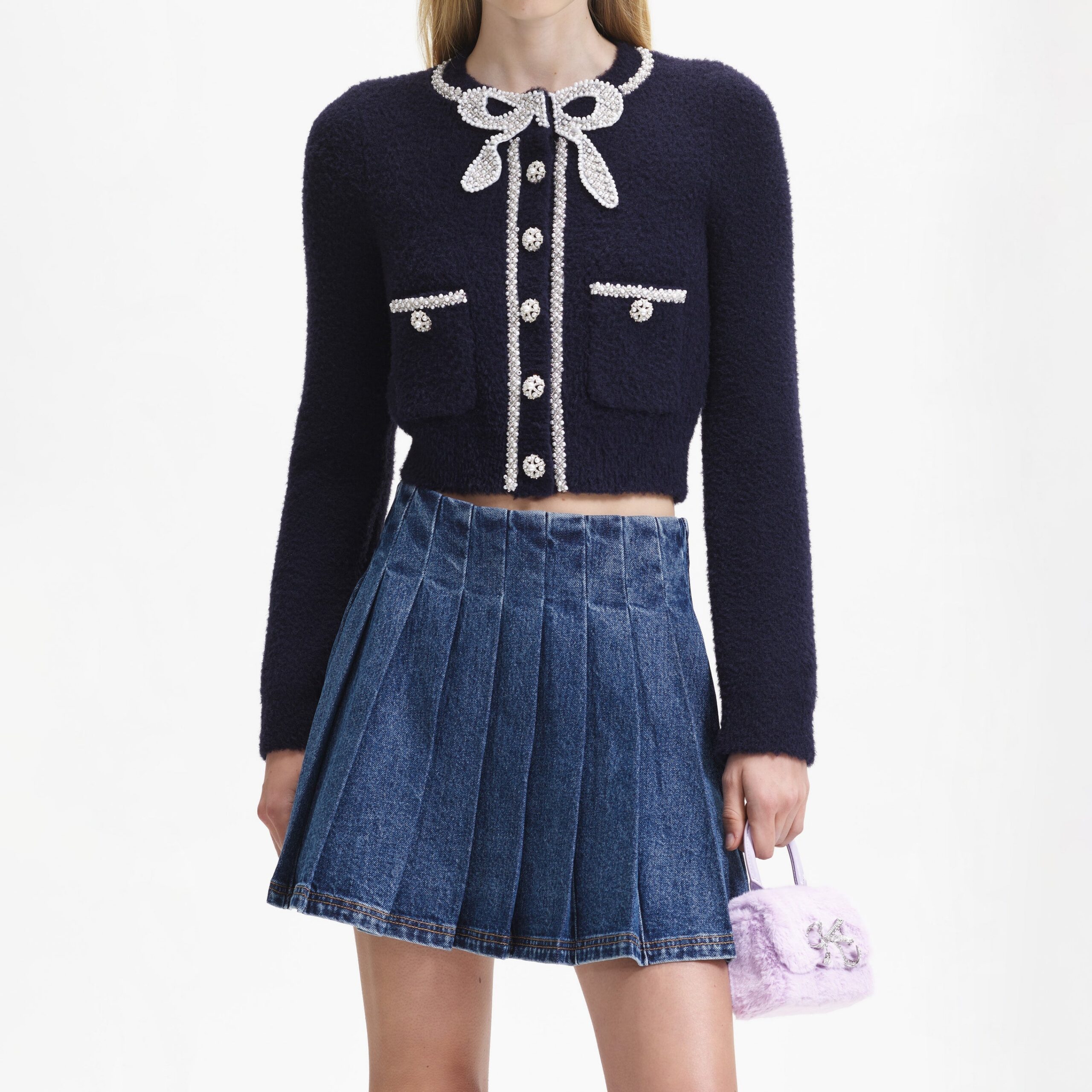 NAVY BOW CARDIGAN SOFT KNIT, CASUAL ELEGANCE