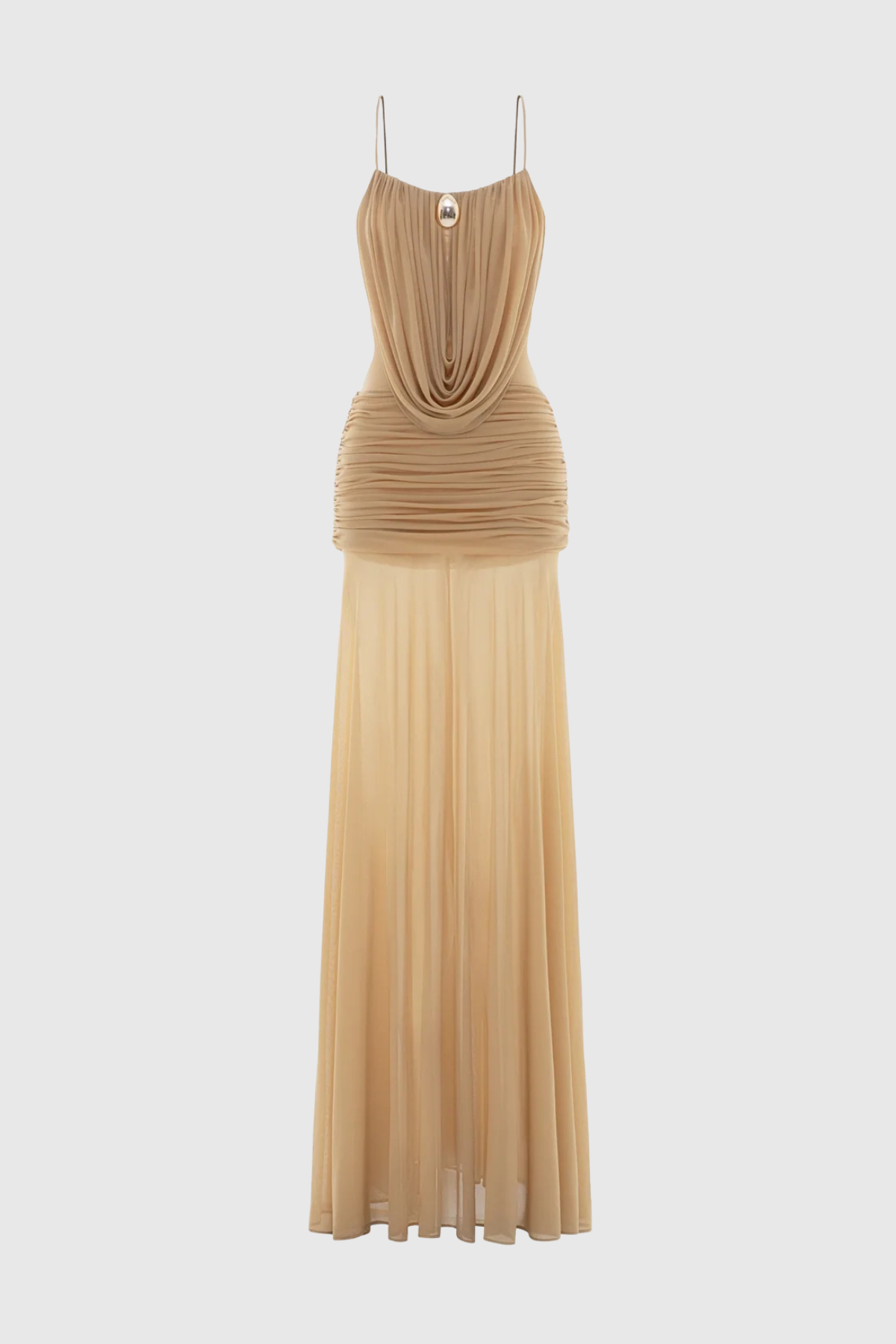 BEIGE DRAPED RUCHED MAXI DRESS FOR EVENTS