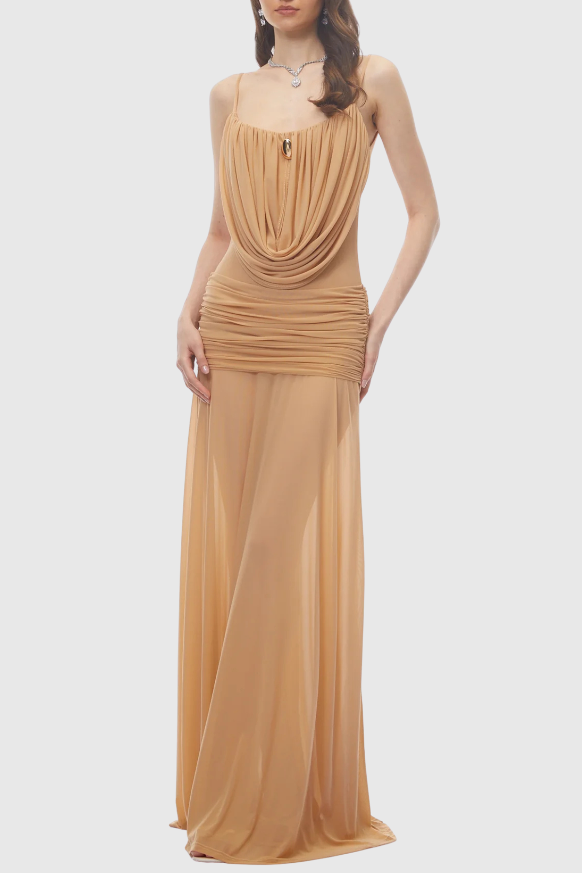 BEIGE DRAPED RUCHED MAXI DRESS FOR EVENTS