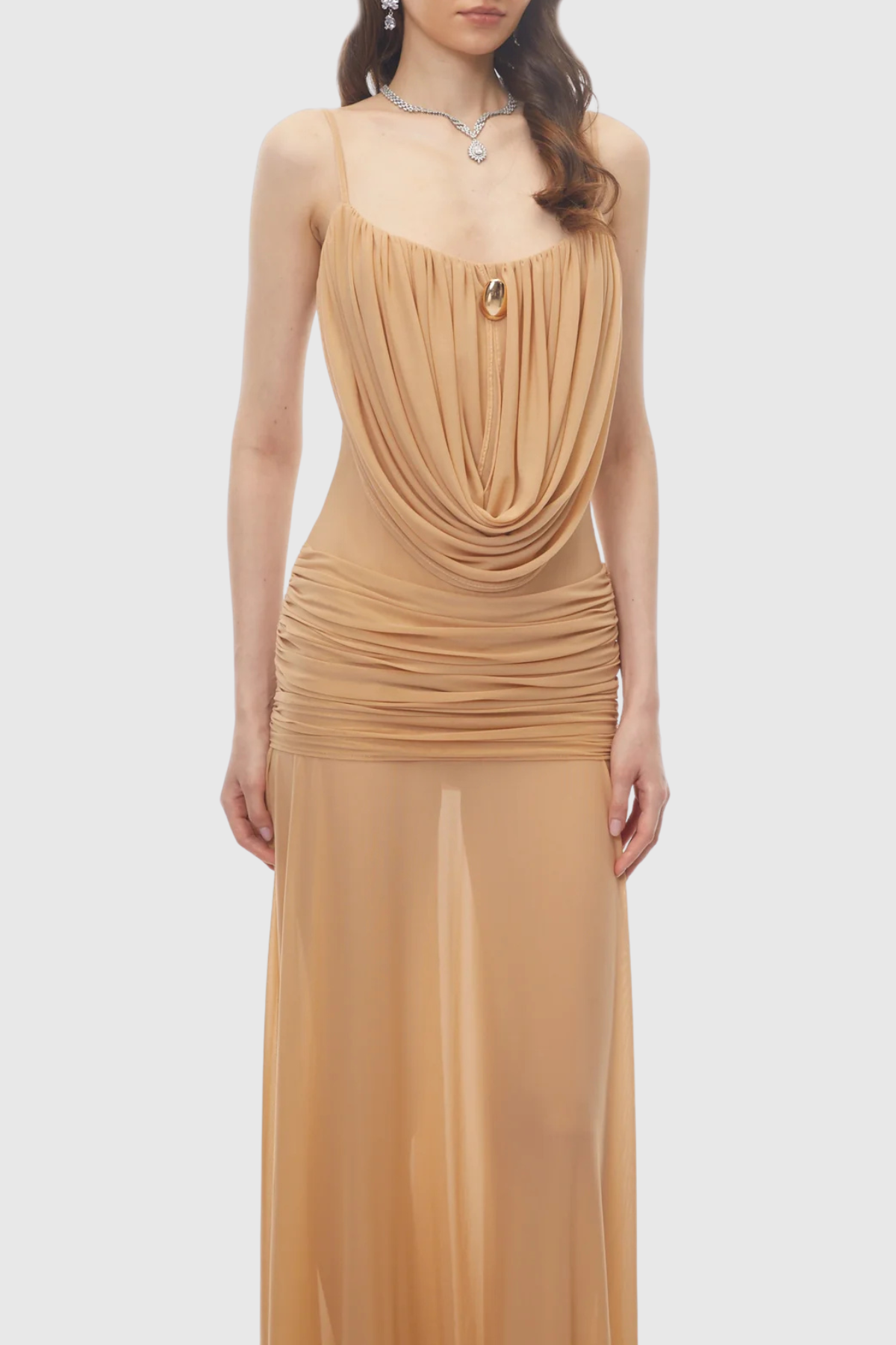BEIGE DRAPED RUCHED MAXI DRESS FOR EVENTS