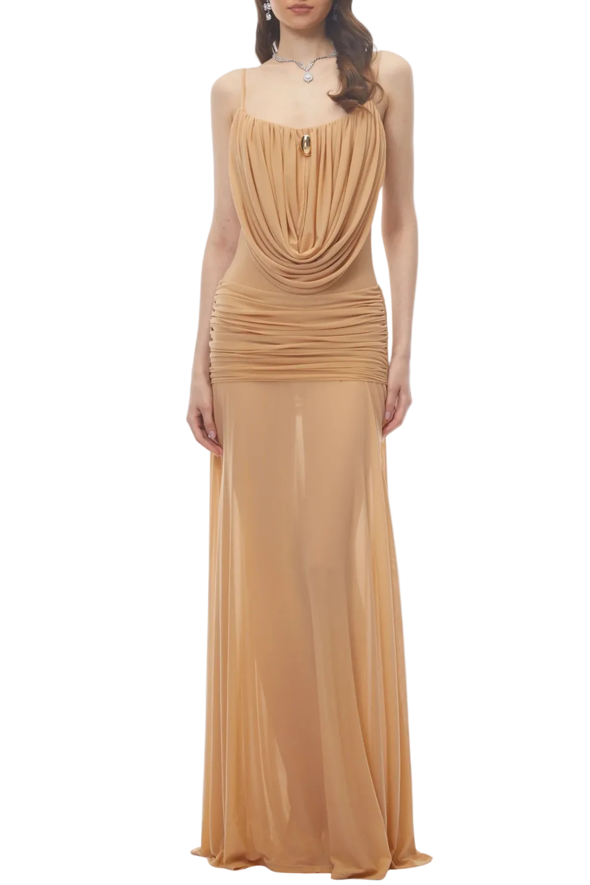 NeraosDrapedRuchedMaxiDress-Beige5 BEIGE DRAPED RUCHED MAXI DRESS FOR EVENTS