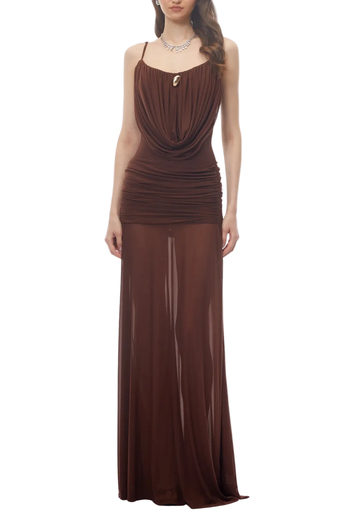 NeraosDrapedRuchedMaxiDress-Brown3 NERAOS DRAPED RUCHED MAXI DRESS BROWN