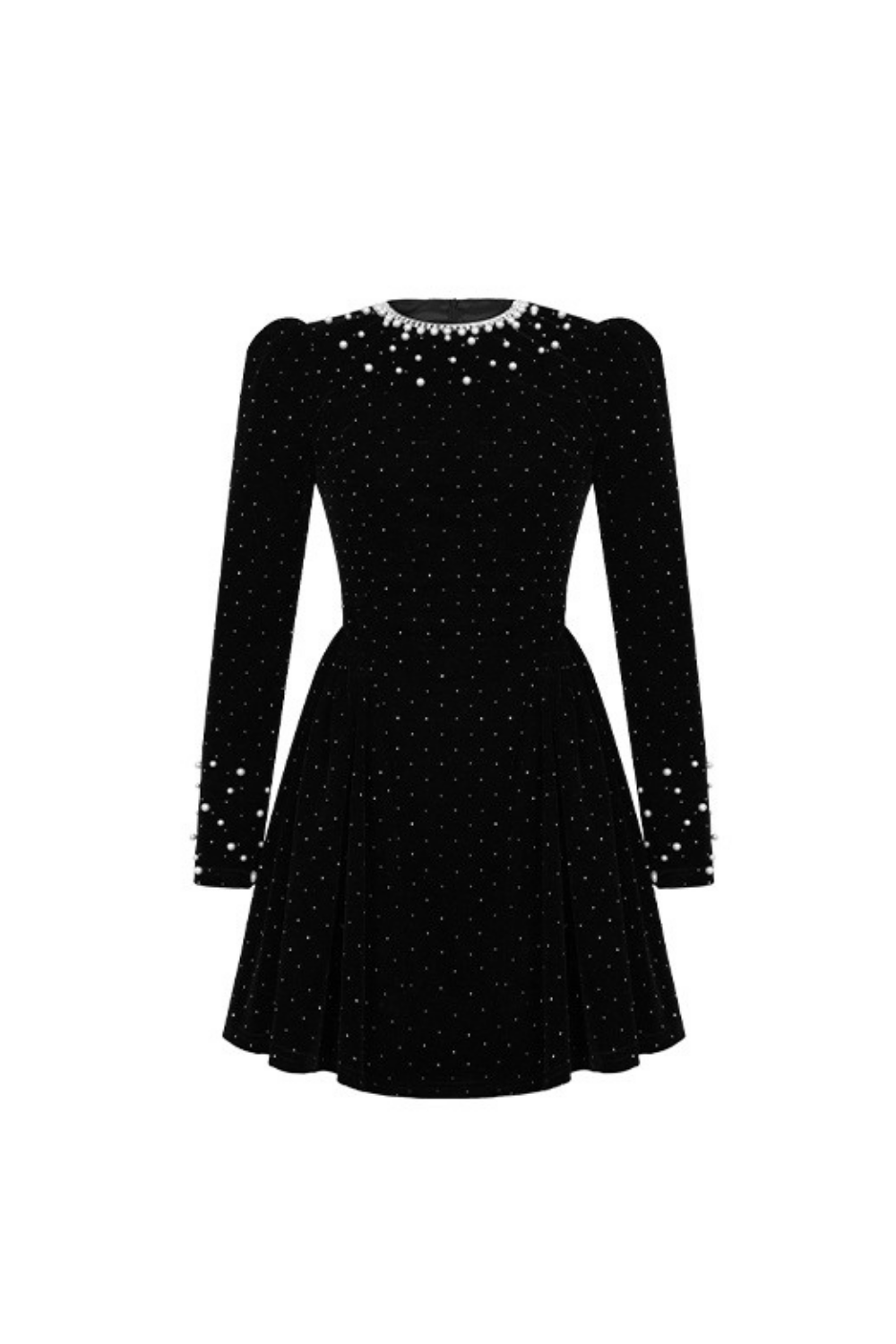 SHEILA BLACK BEADED RHINESTONE FLARED MINI COCKTAIL DRESS