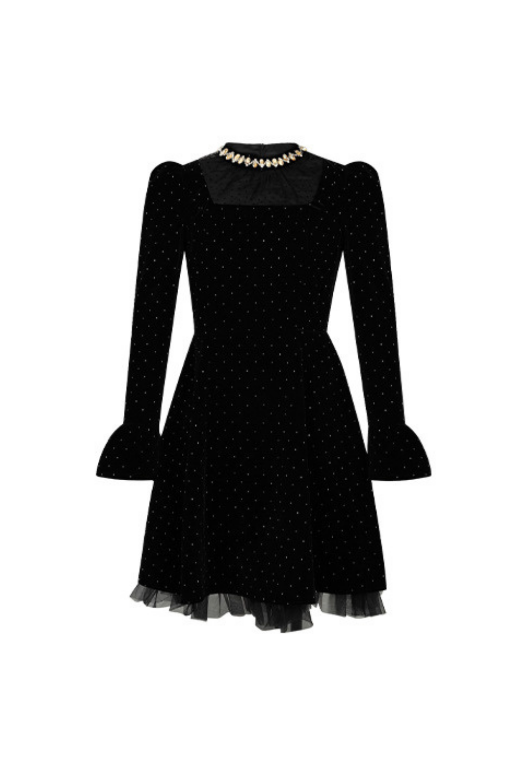 WENDY VELVET POLKA DOT MINI DRESS, BLACK, LONG SLEEVE