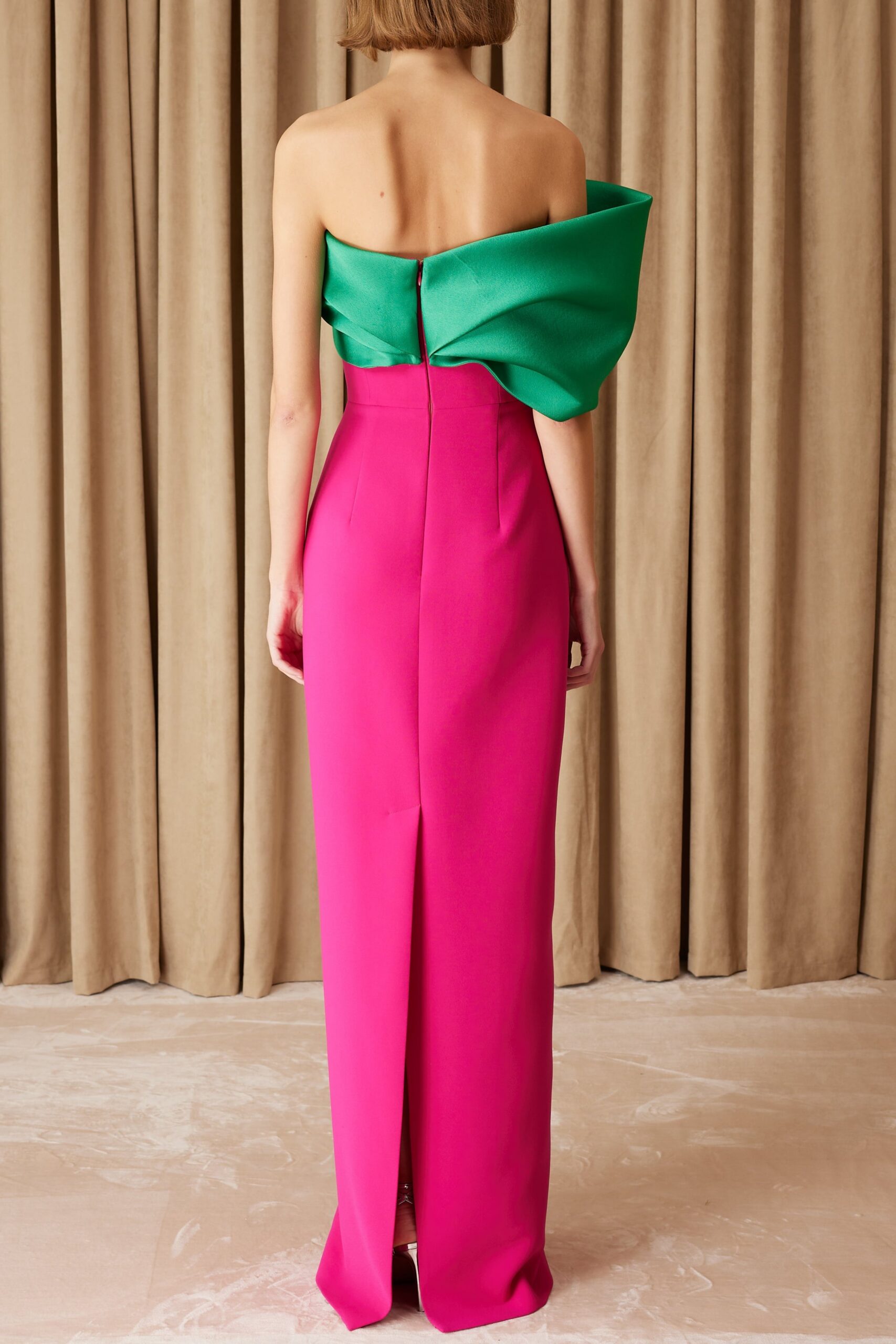JOSEPHINE FISHTAIL STRAPLESS MAXI DRESS - GREEN FUCHSIA